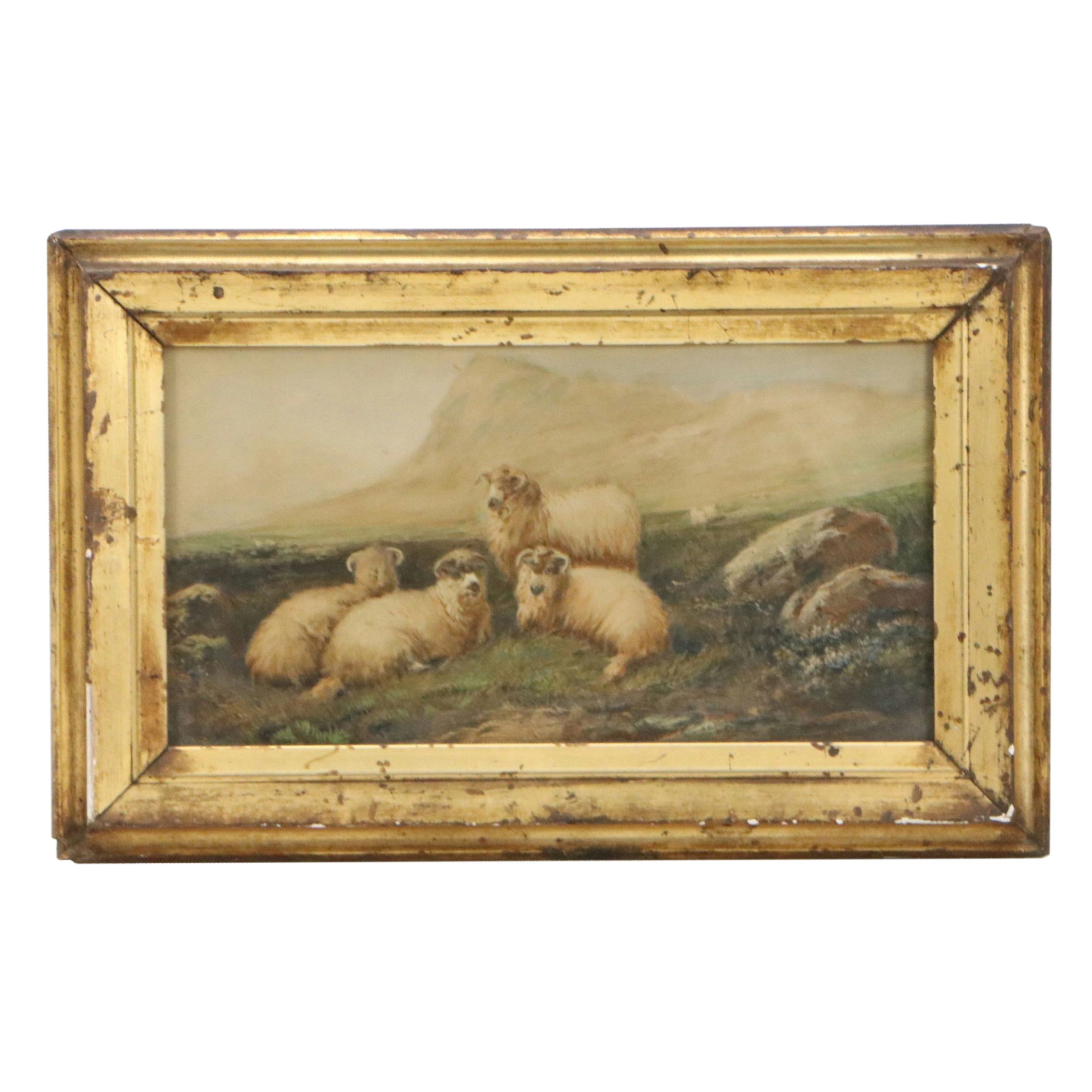 Gouache on Photograph of Sheep Resting in Scottish Highland Landscape