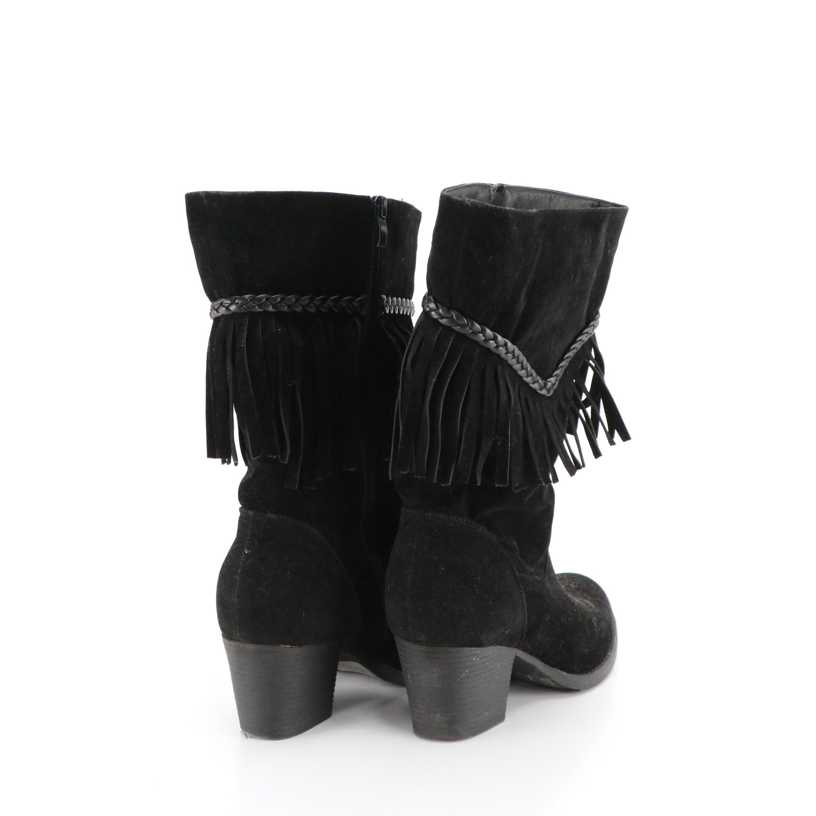 Corkys Siqux Heeled Fringe Boots in Black Faux Suede with Braided Trimming