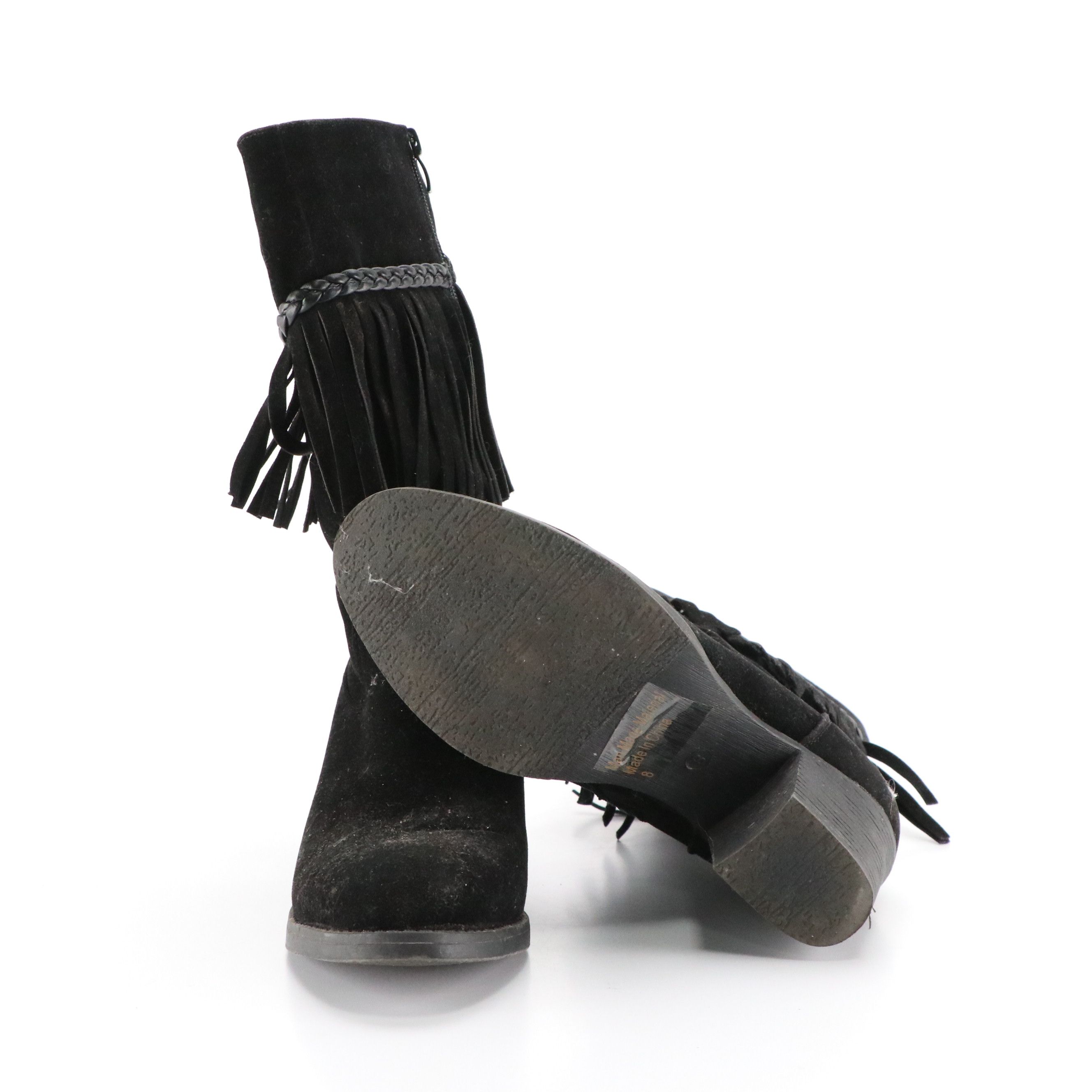 Corkys Siqux Heeled Fringe Boots in Black Faux Suede with Braided Trimming