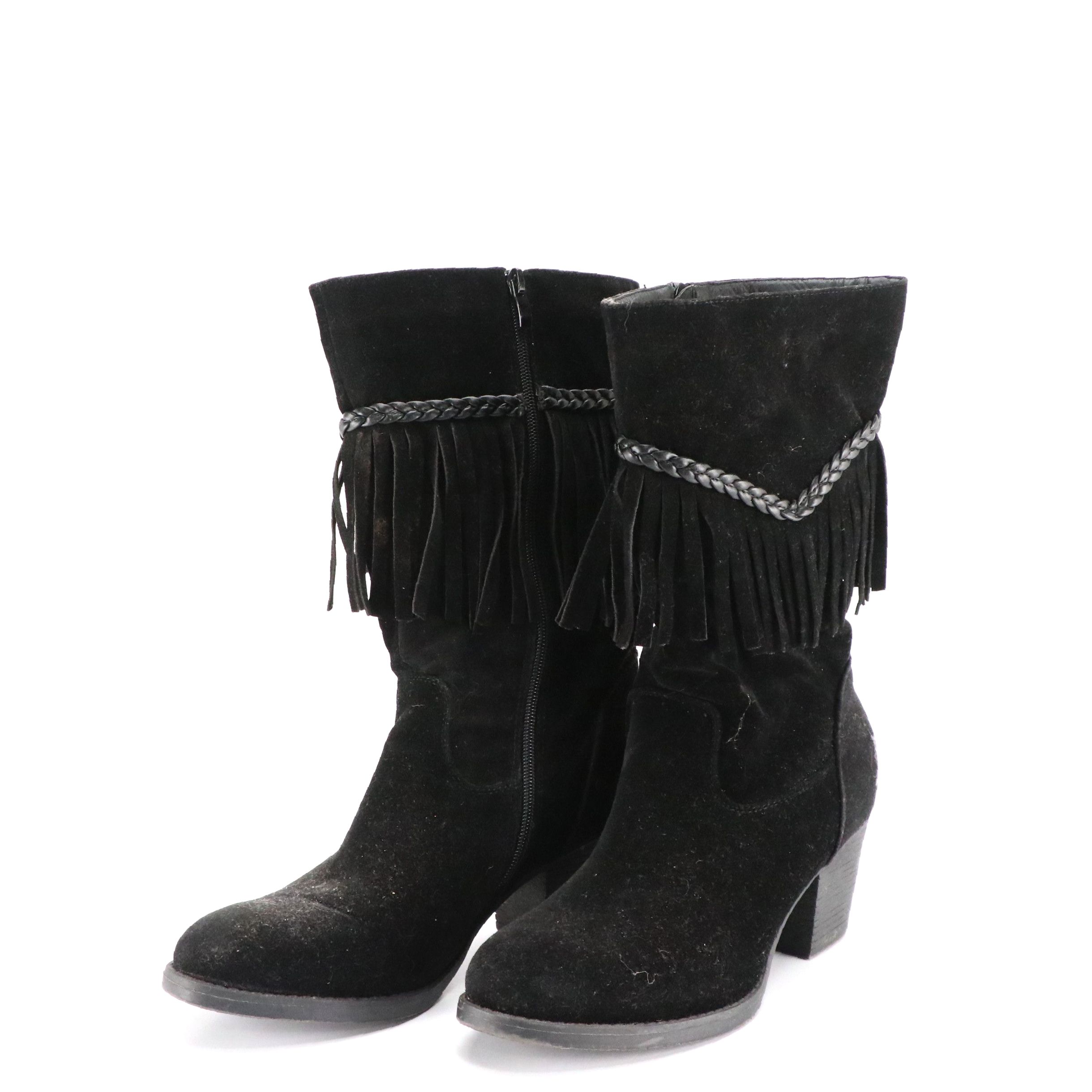 Corkys Siqux Heeled Fringe Boots in Black Faux Suede with Braided Trimming