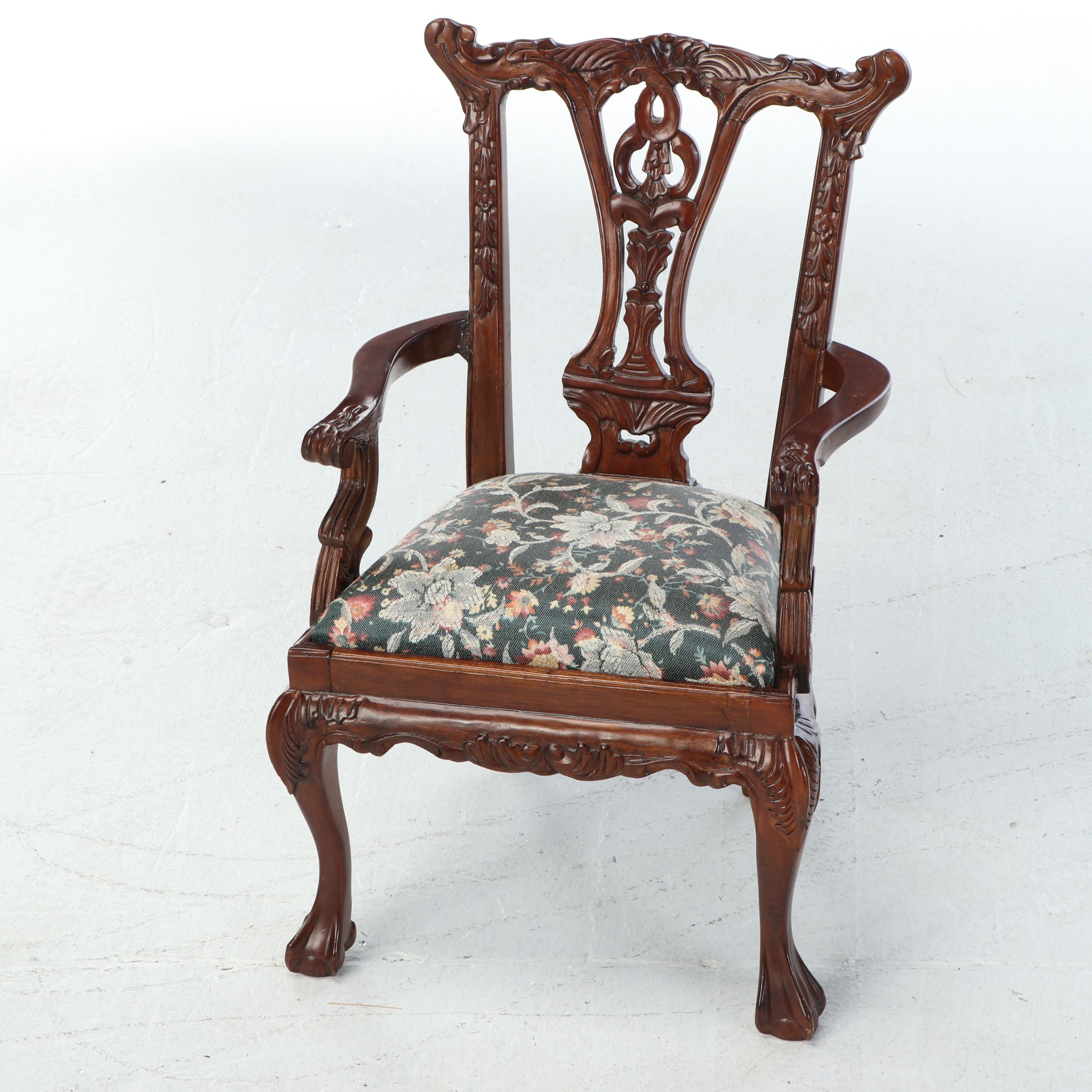Victorian Style Carved Wood Miniature Chair with Upholstered Seat
