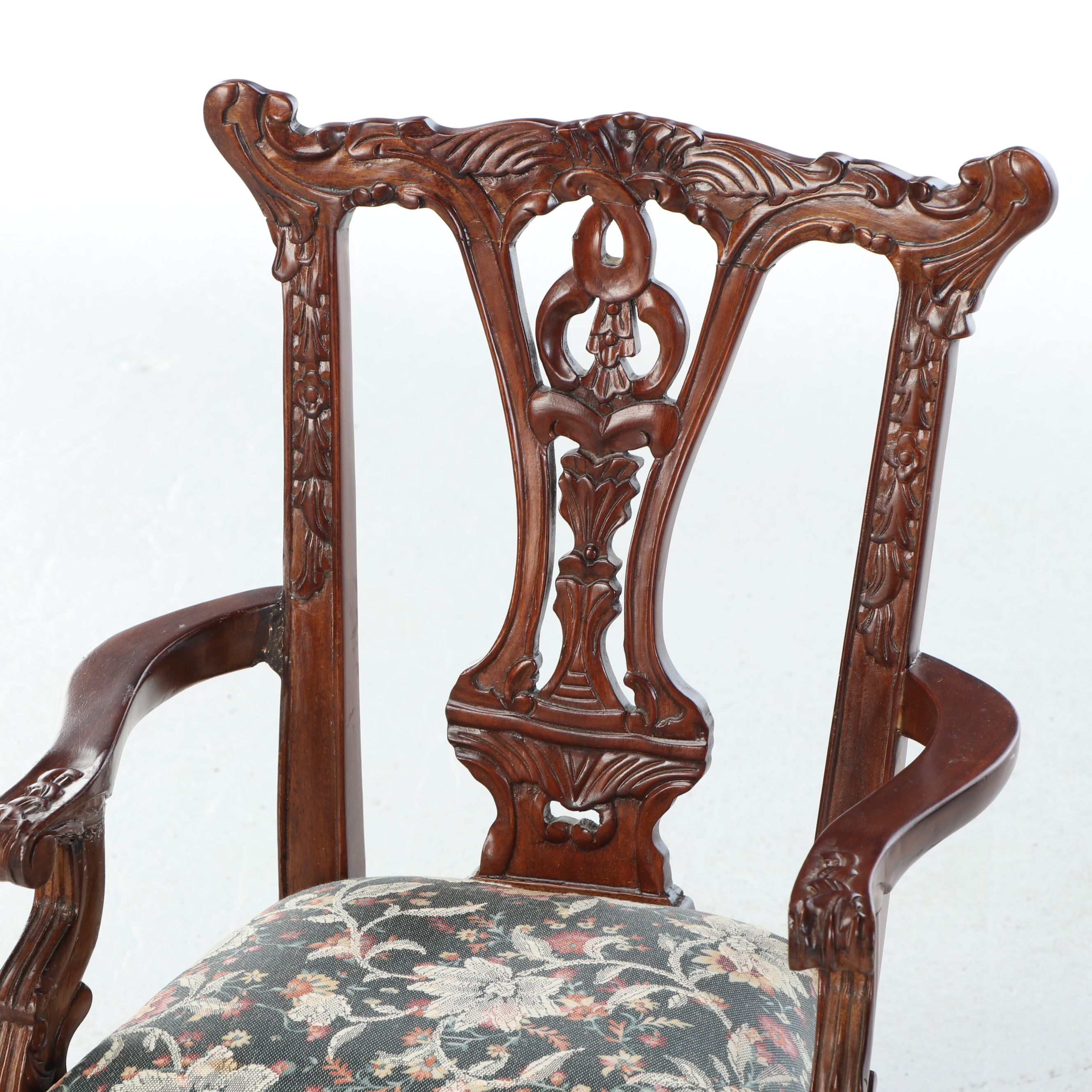 Victorian Style Carved Wood Miniature Chair with Upholstered Seat