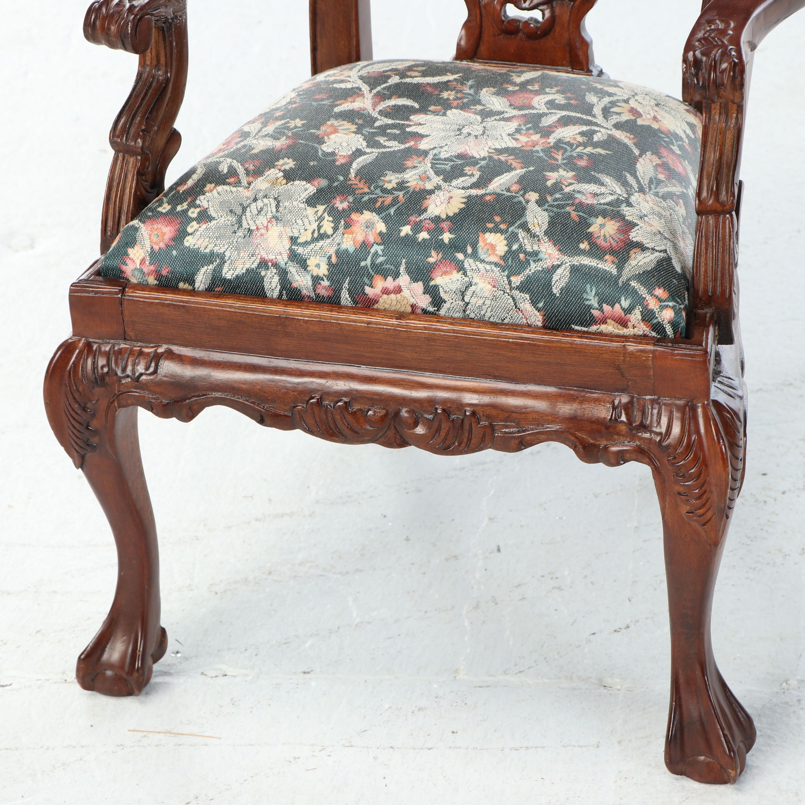 Victorian Style Carved Wood Miniature Chair with Upholstered Seat