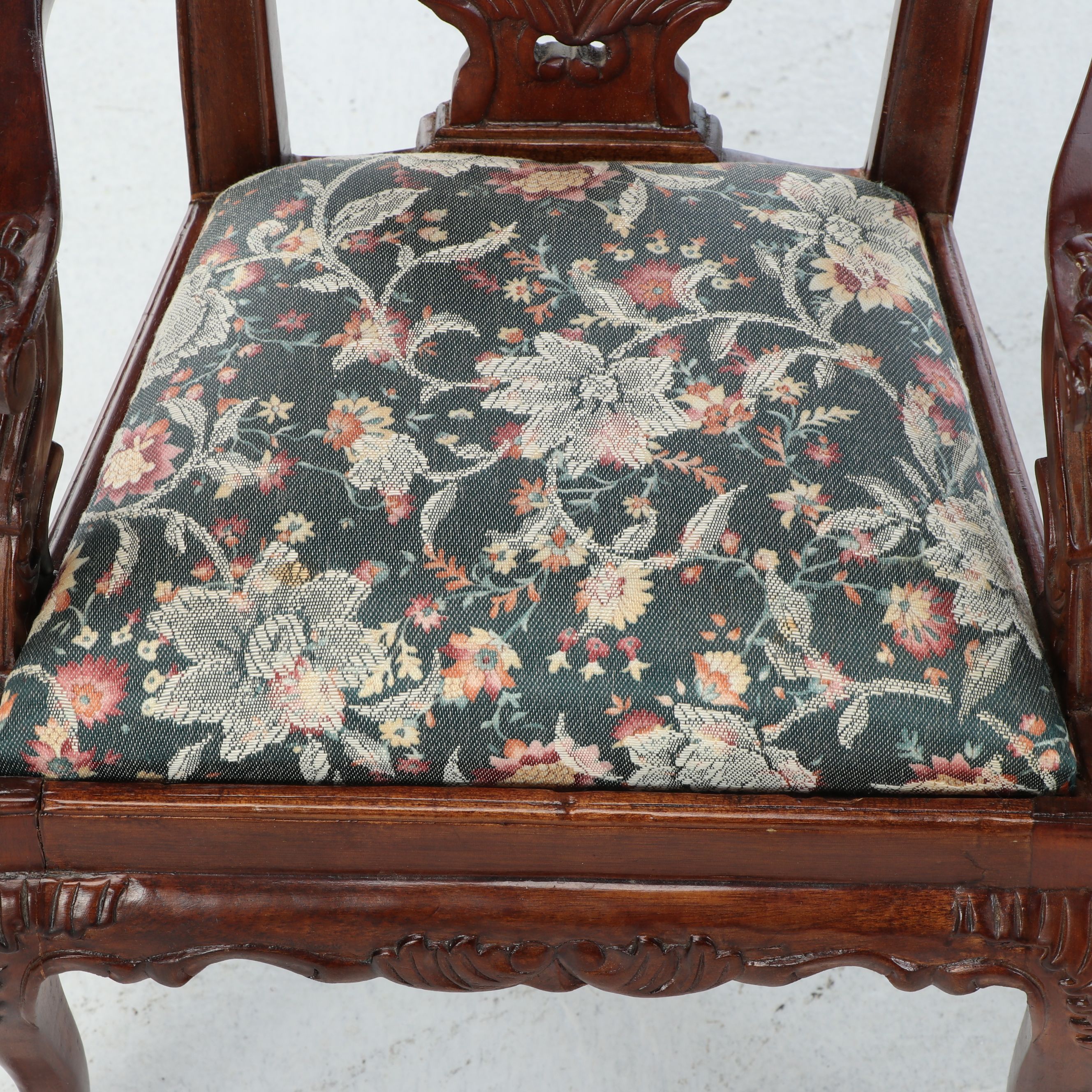 Victorian Style Carved Wood Miniature Chair with Upholstered Seat