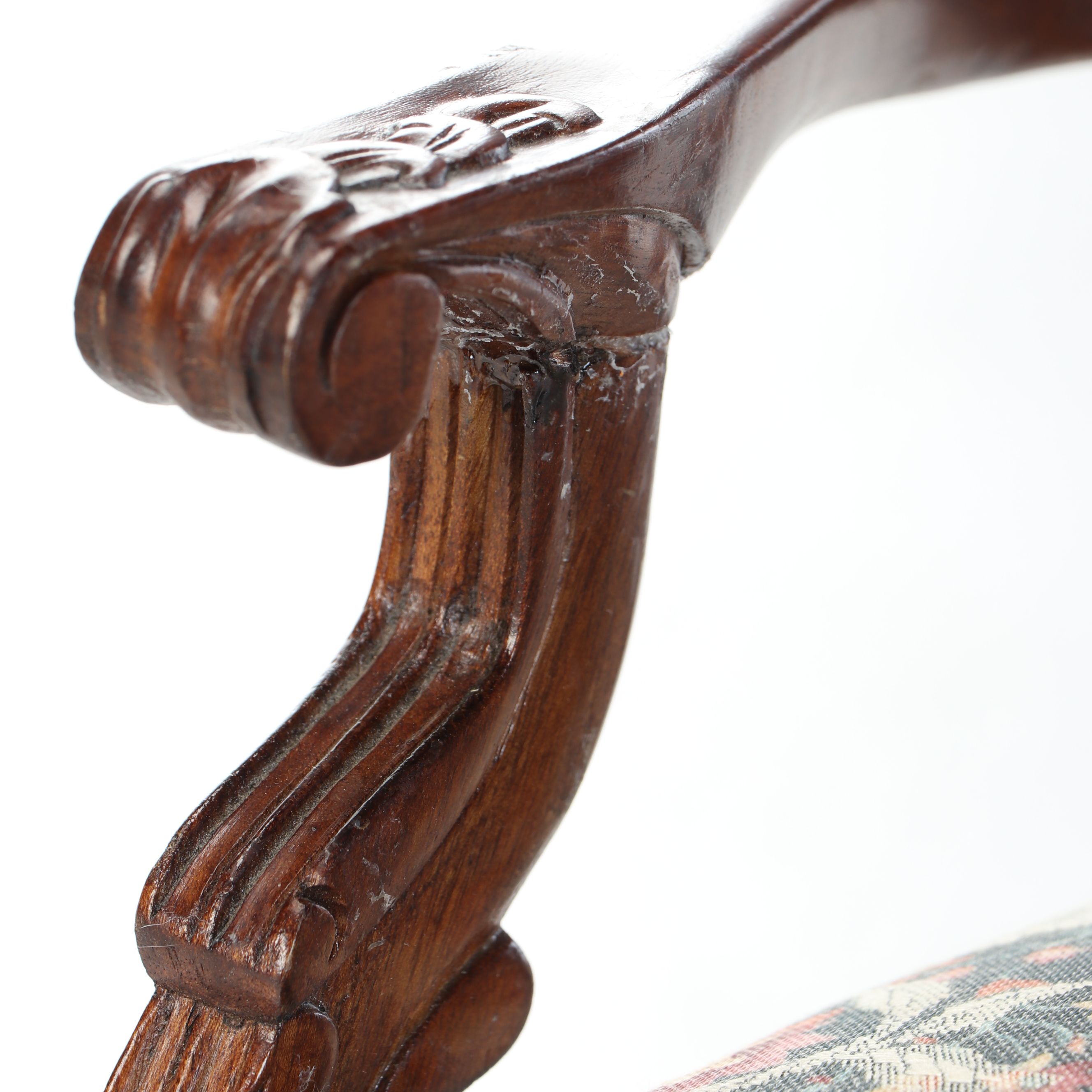 Victorian Style Carved Wood Miniature Chair with Upholstered Seat