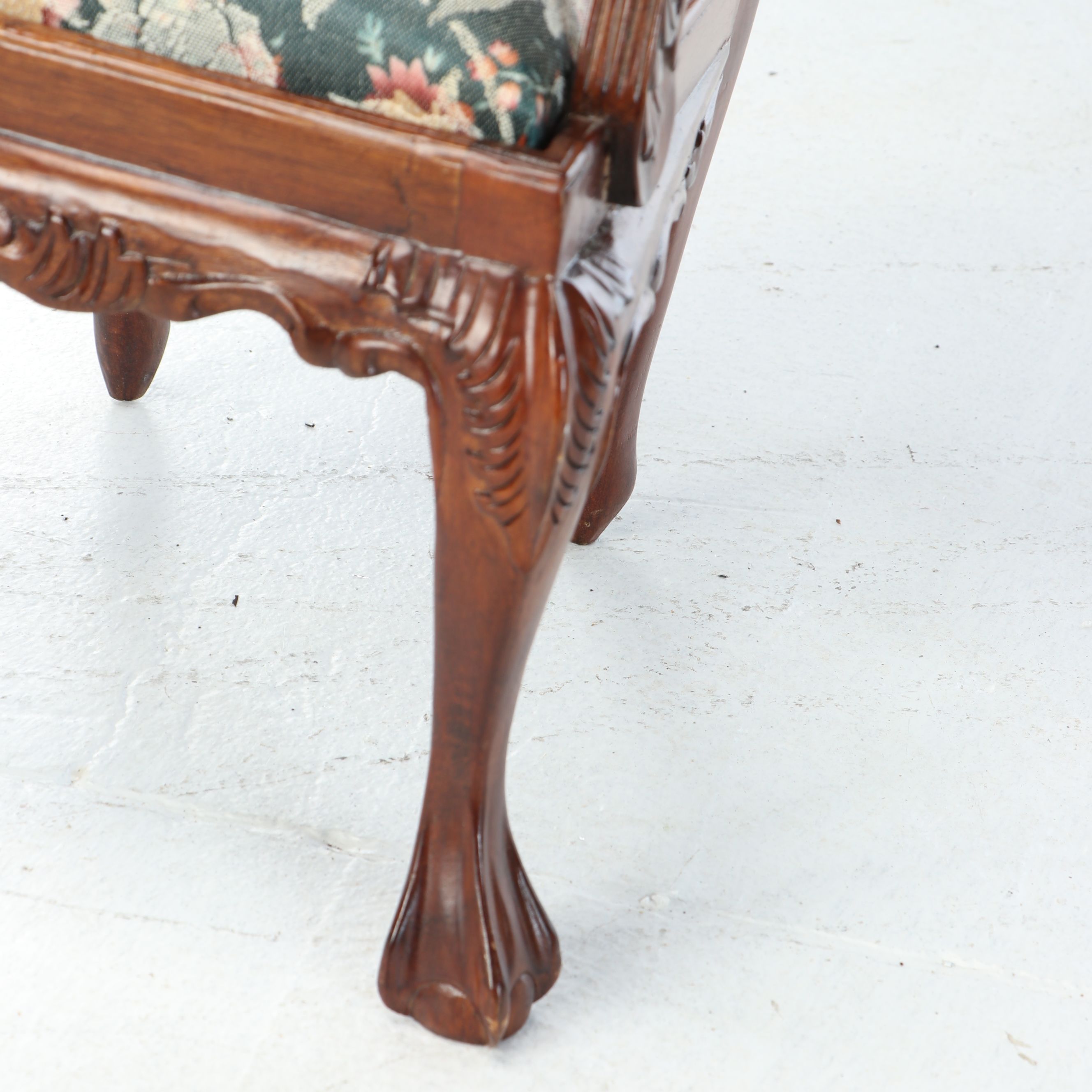 Victorian Style Carved Wood Miniature Chair with Upholstered Seat