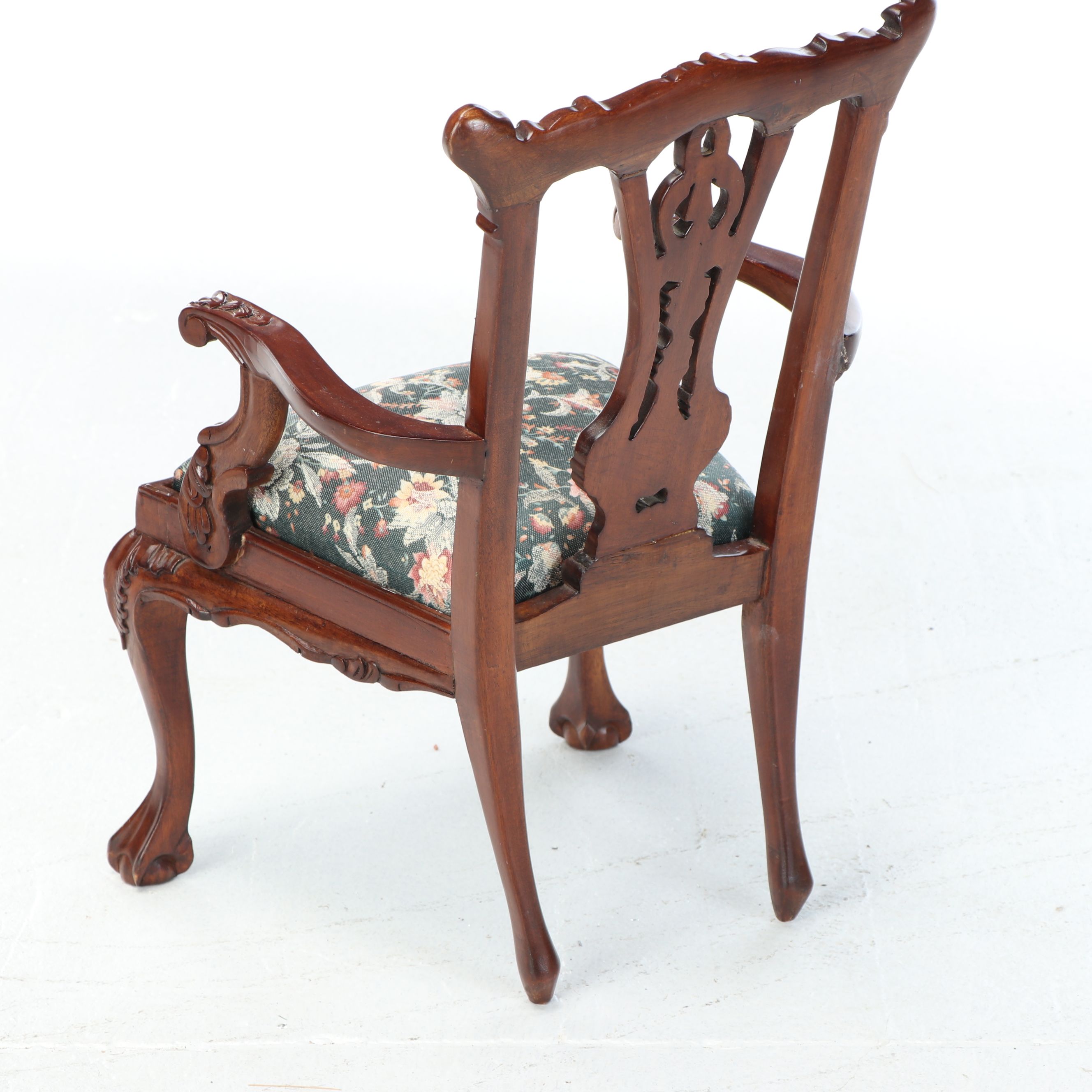 Victorian Style Carved Wood Miniature Chair with Upholstered Seat