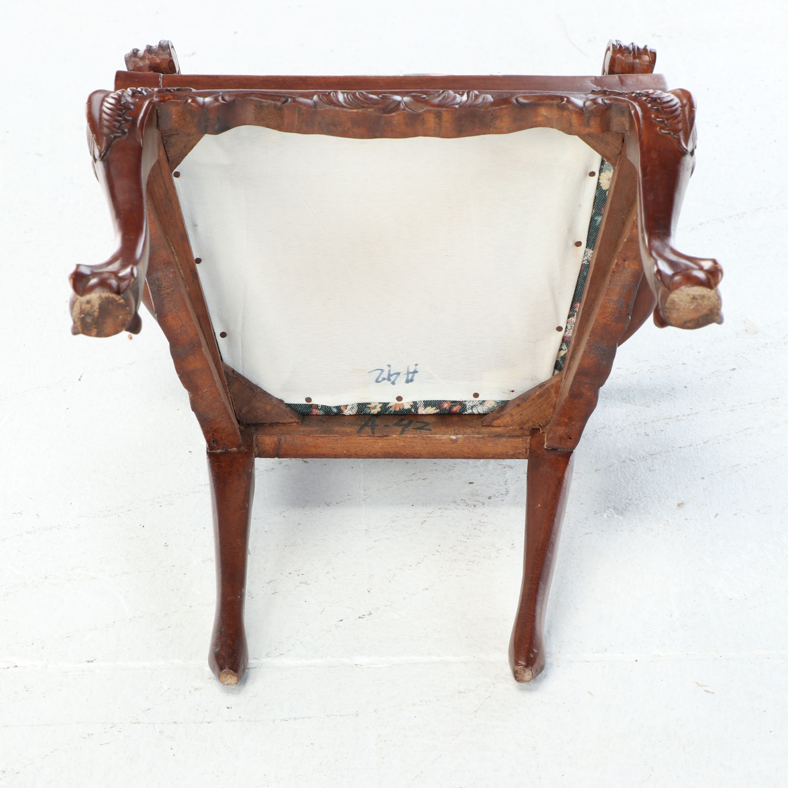 Victorian Style Carved Wood Miniature Chair with Upholstered Seat