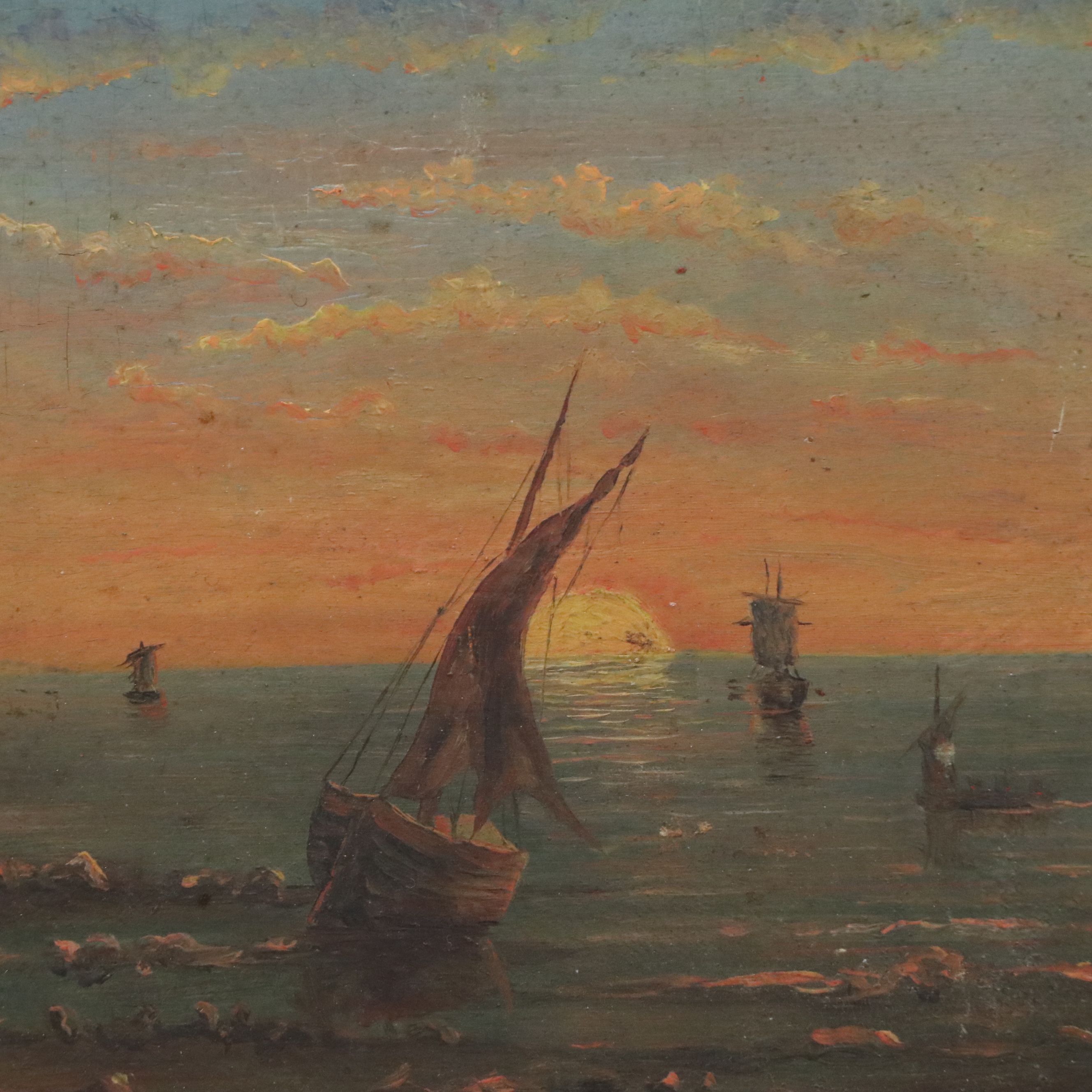 Coastal Landscape Oil Painting of Ships in Sunset Scene