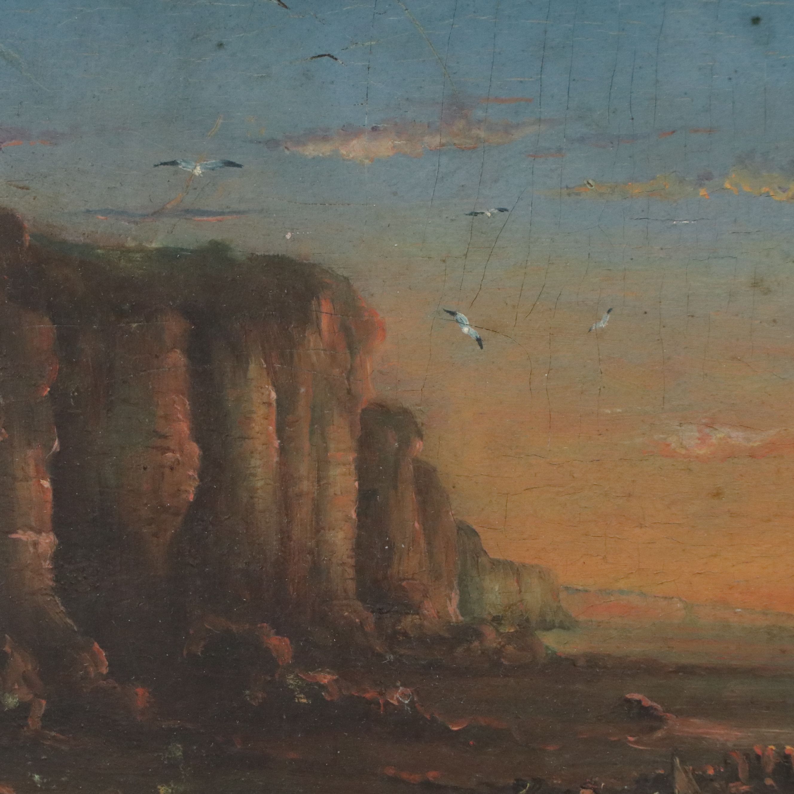 Coastal Landscape Oil Painting of Ships in Sunset Scene