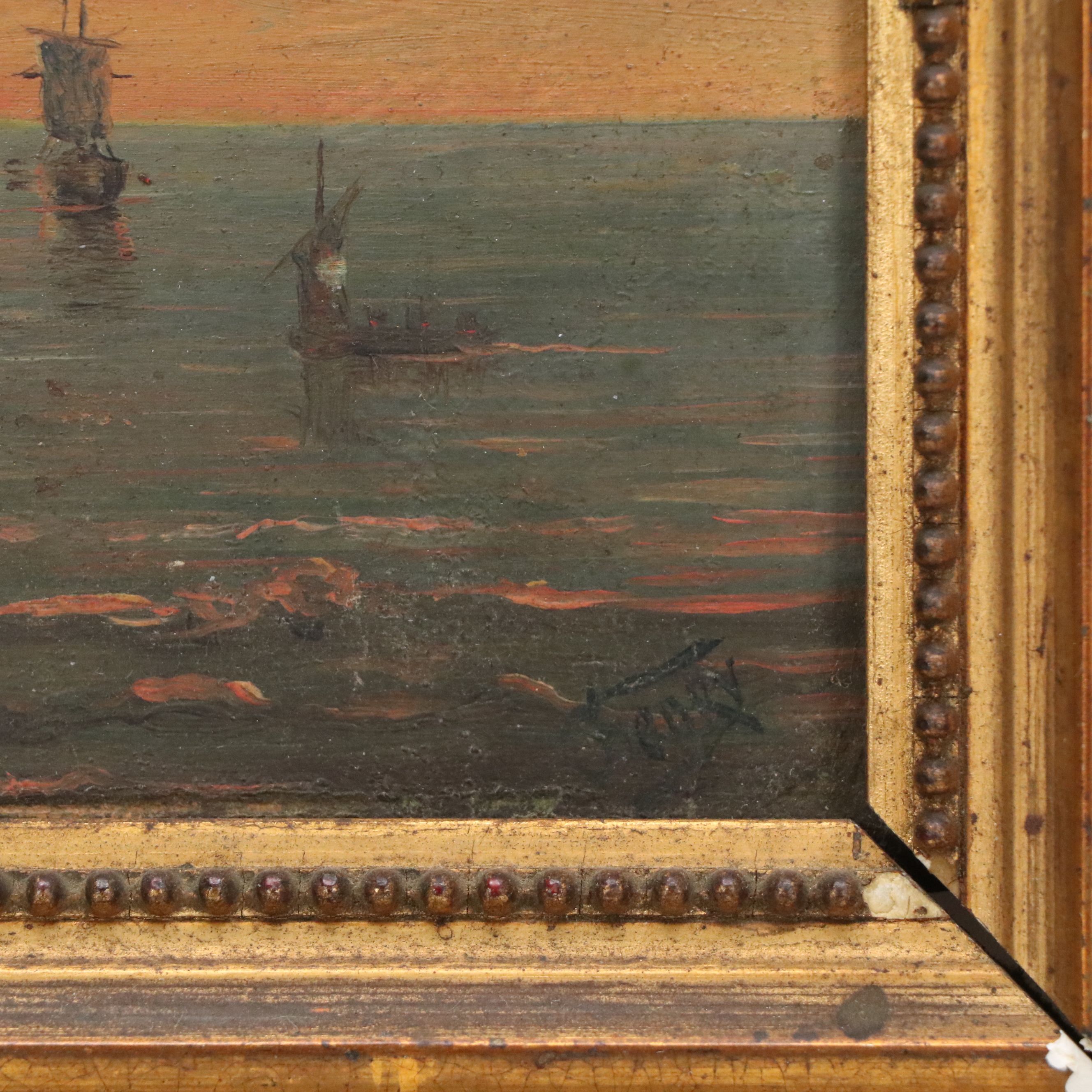 Coastal Landscape Oil Painting of Ships in Sunset Scene