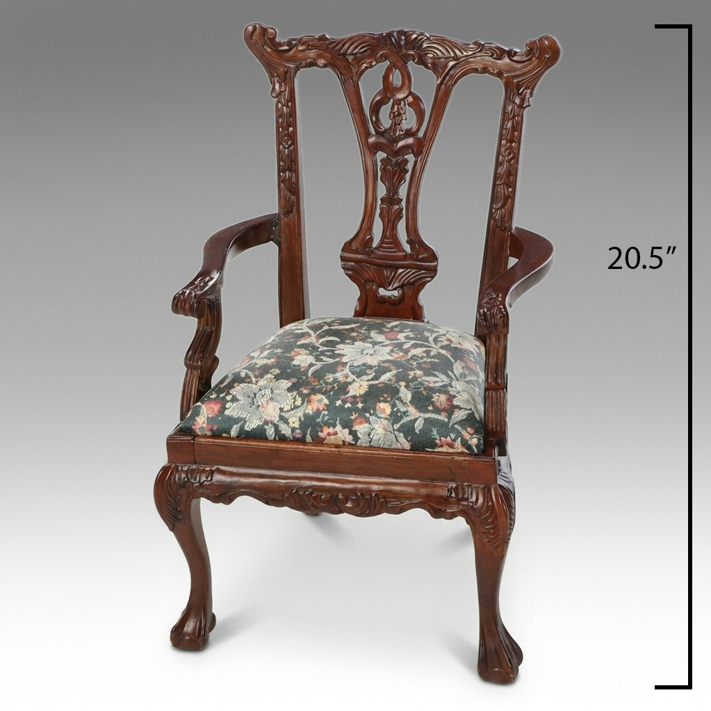 Victorian Style Carved Wood Miniature Chair with Upholstered Seat
