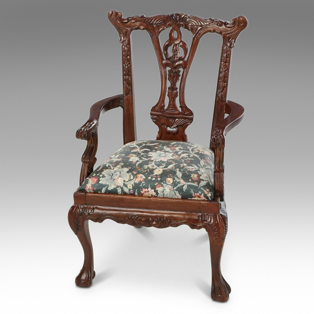 Victorian Style Carved Wood Miniature Chair with Upholstered Seat