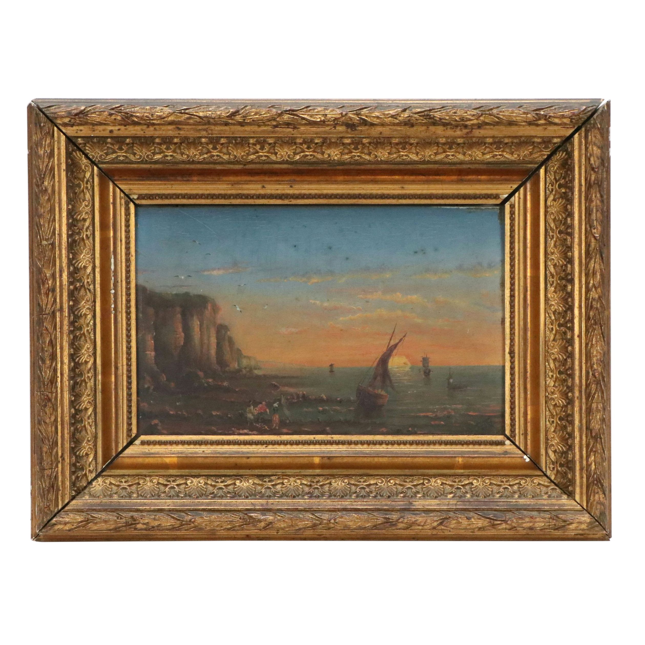 Coastal Landscape Oil Painting of Ships in Sunset Scene
