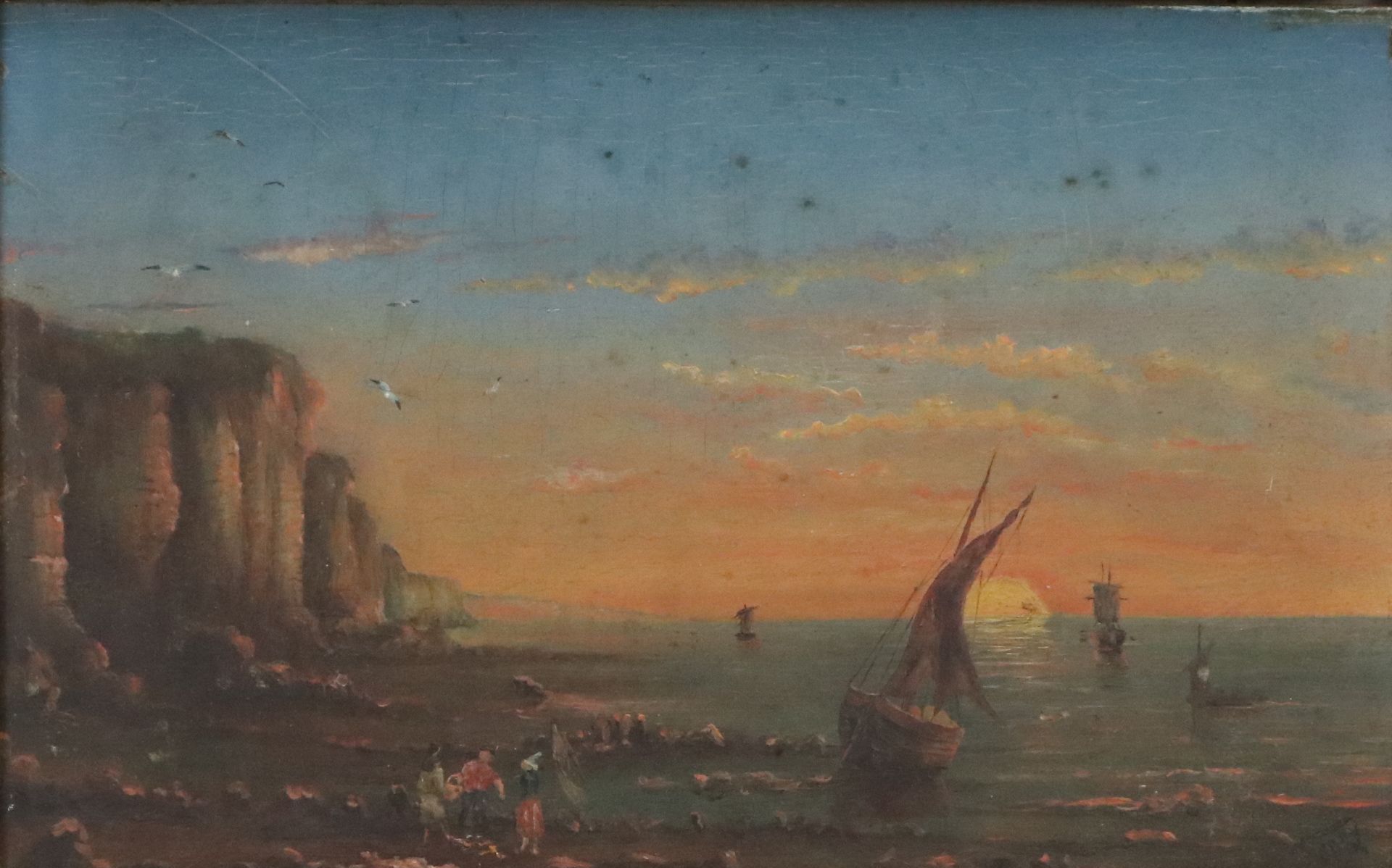 Coastal Landscape Oil Painting of Ships in Sunset Scene