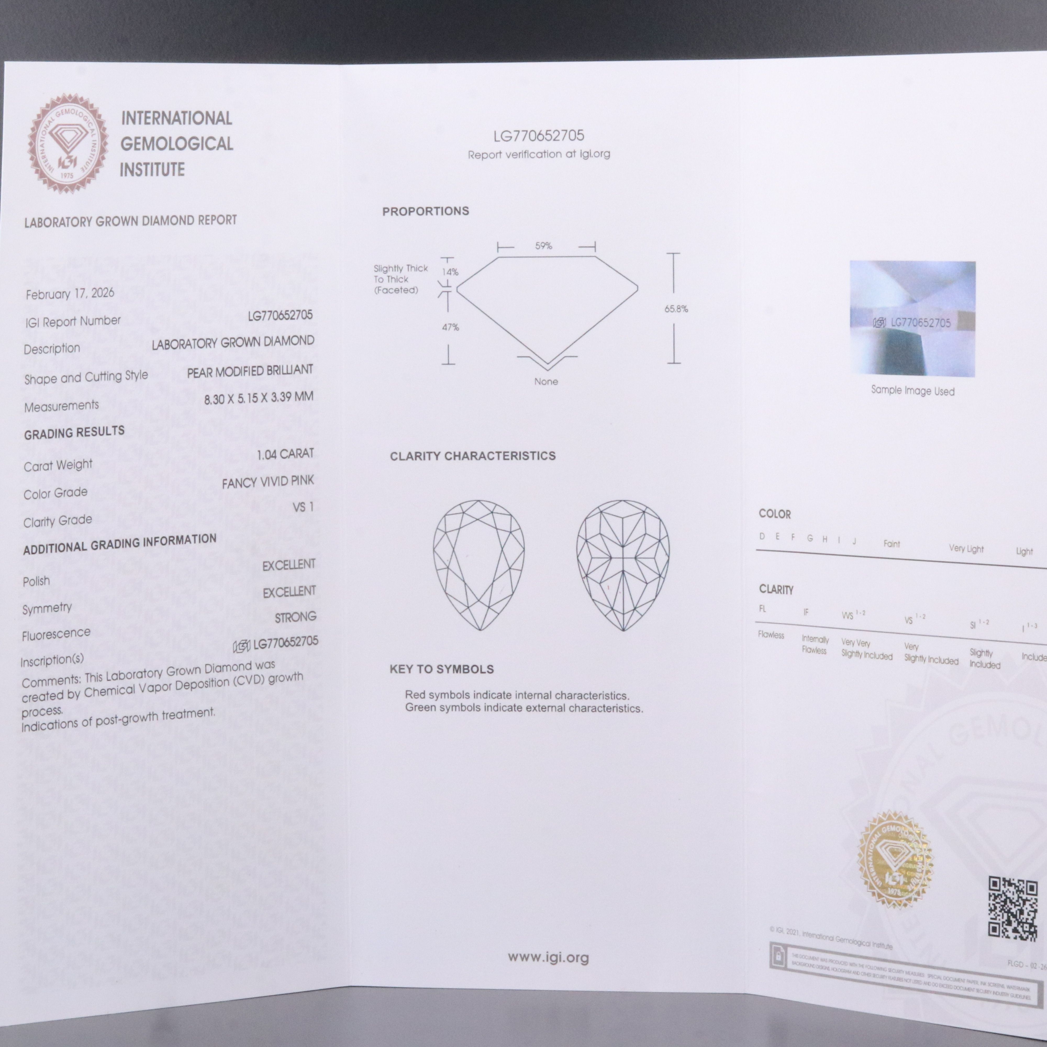 Loose 1.04 CT Fancy Vivid Pink Lab Grown Diamond with IGI Report