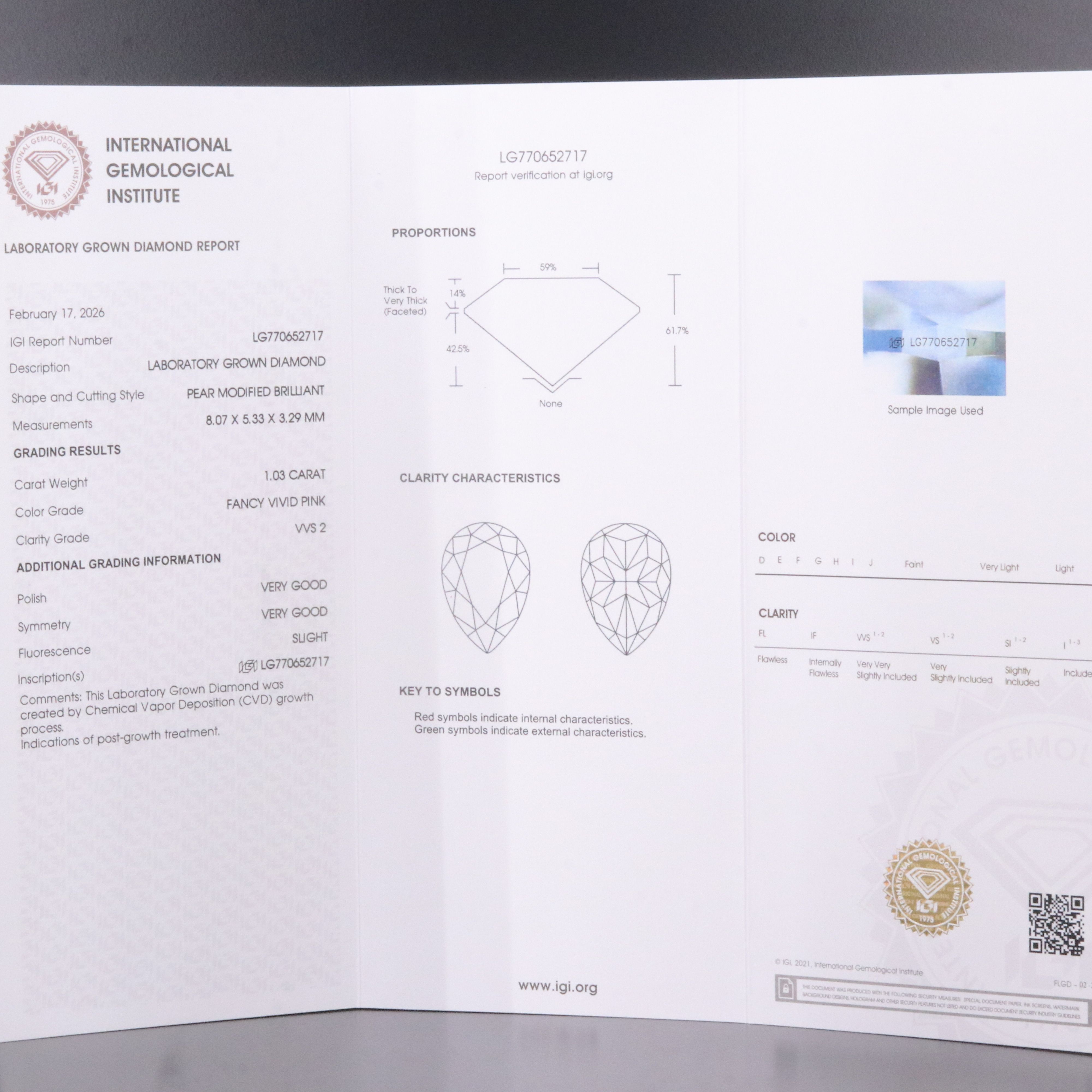 Loose 1.03 CT Fancy Vivid Pink Lab Grown Diamond with IGI Report