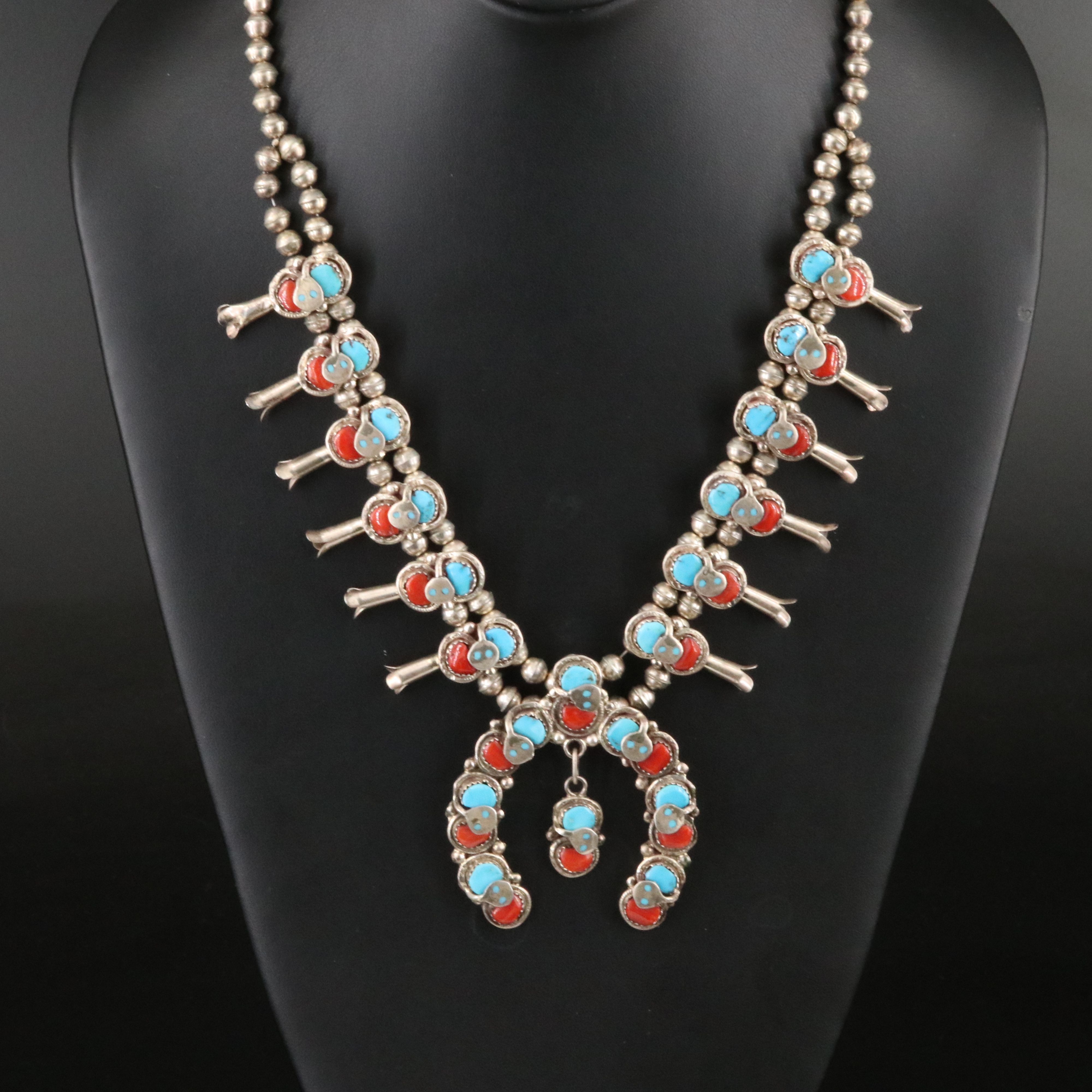 Effie Calavaza Zuni Sterling Turquoise and Coral Squash Blossom & Snake Necklace