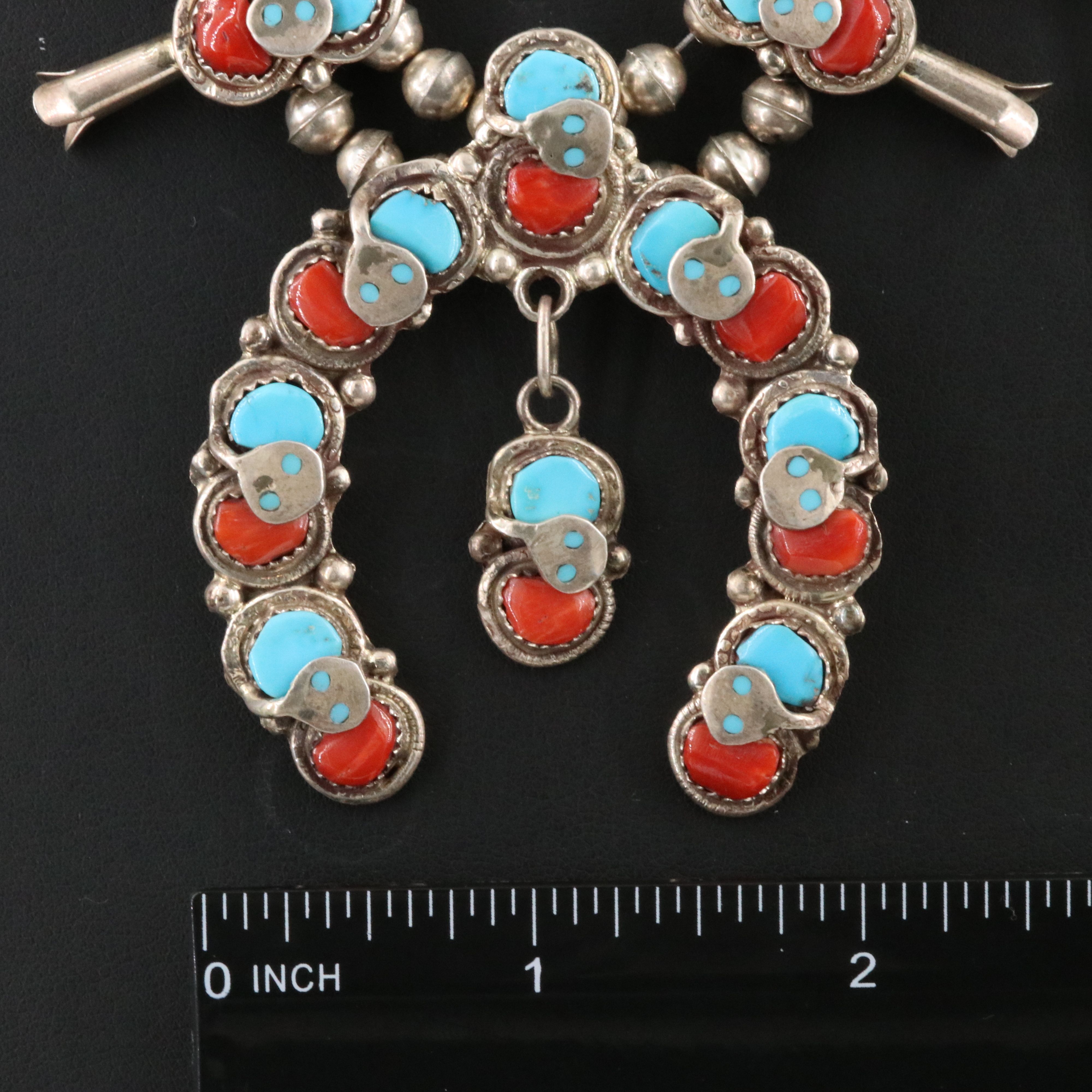 Effie Calavaza Zuni Sterling Turquoise and Coral Squash Blossom & Snake Necklace
