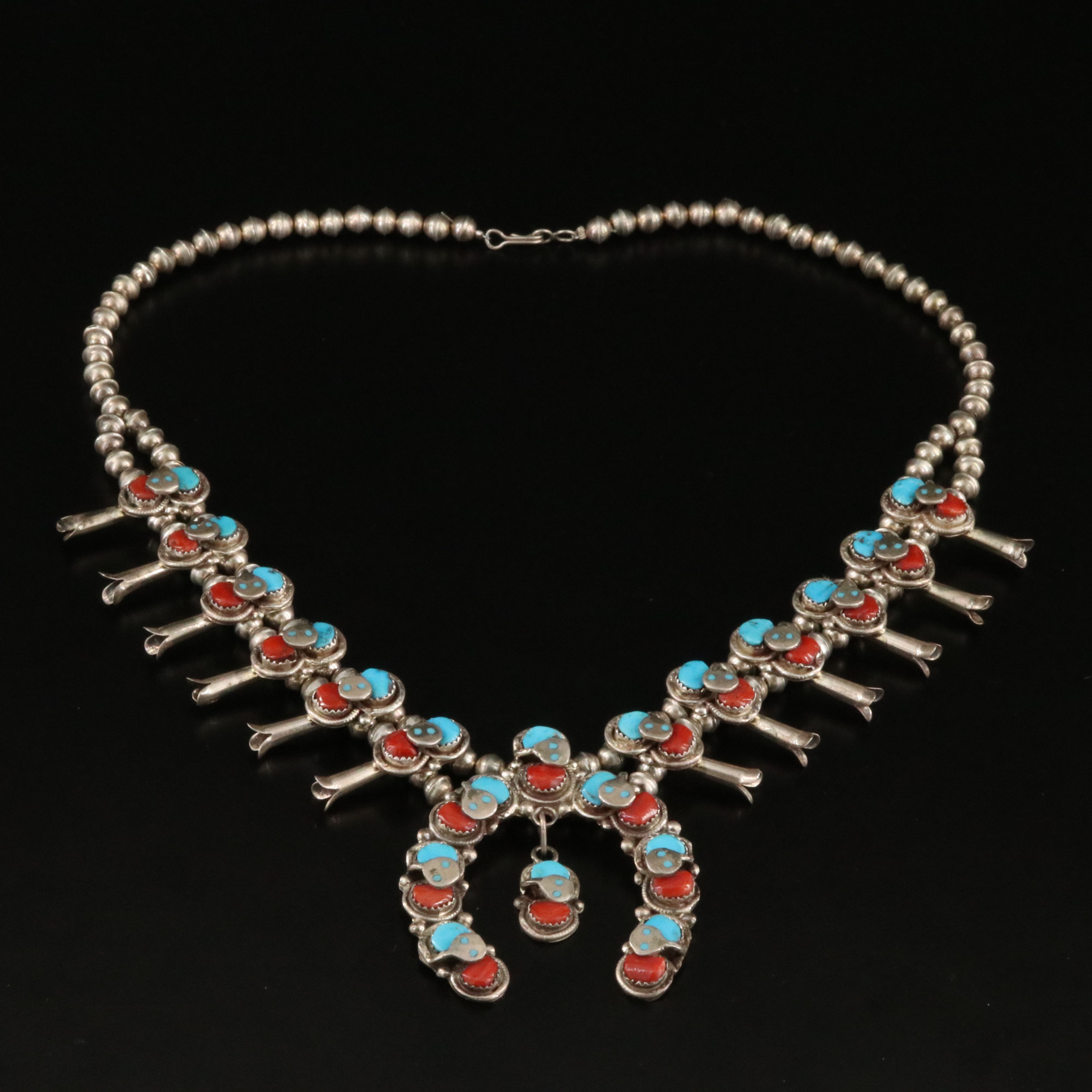 Effie Calavaza Zuni Sterling Turquoise and Coral Squash Blossom & Snake Necklace