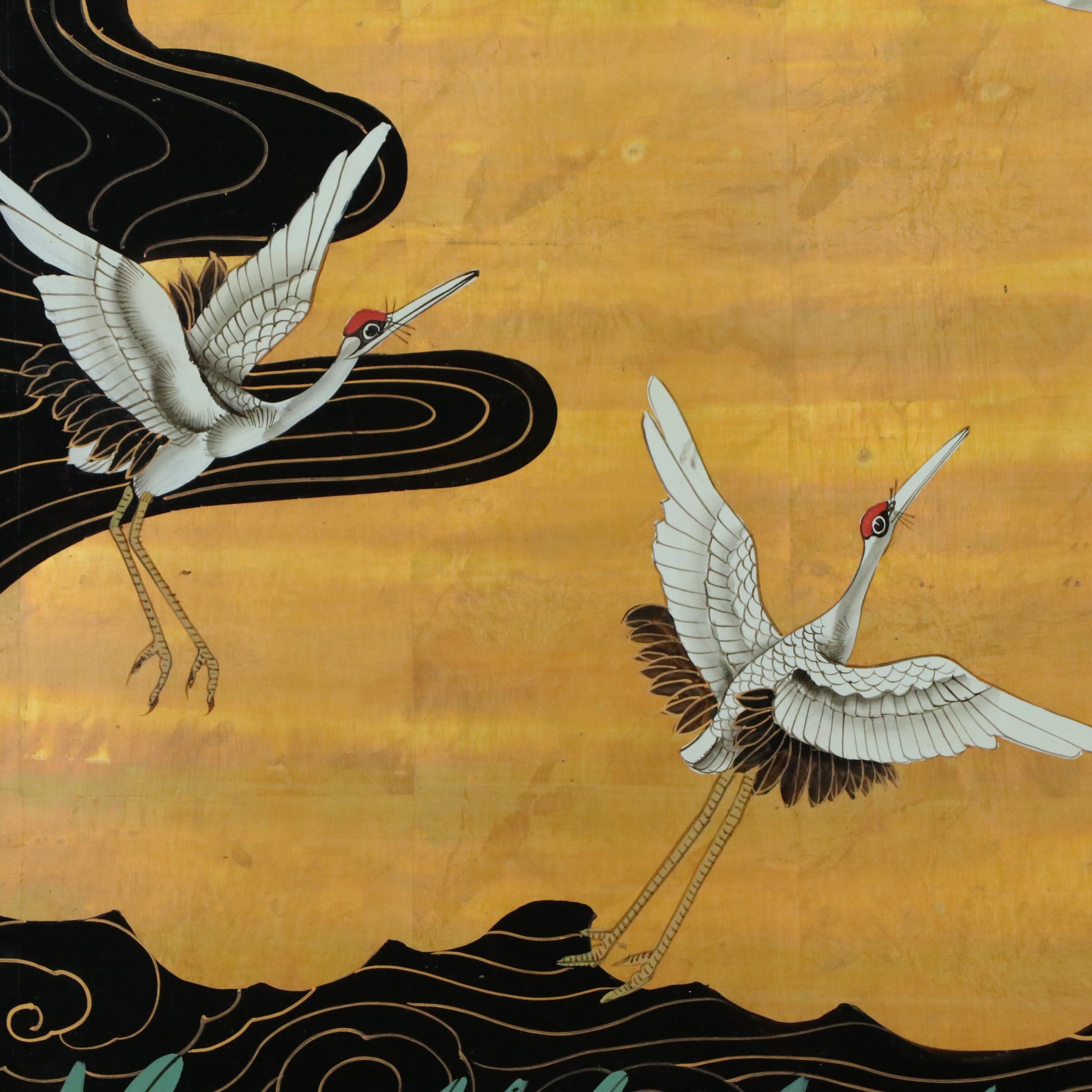 Japanese Lacquered Wood Panel with Hand-Painted Cranes Scene