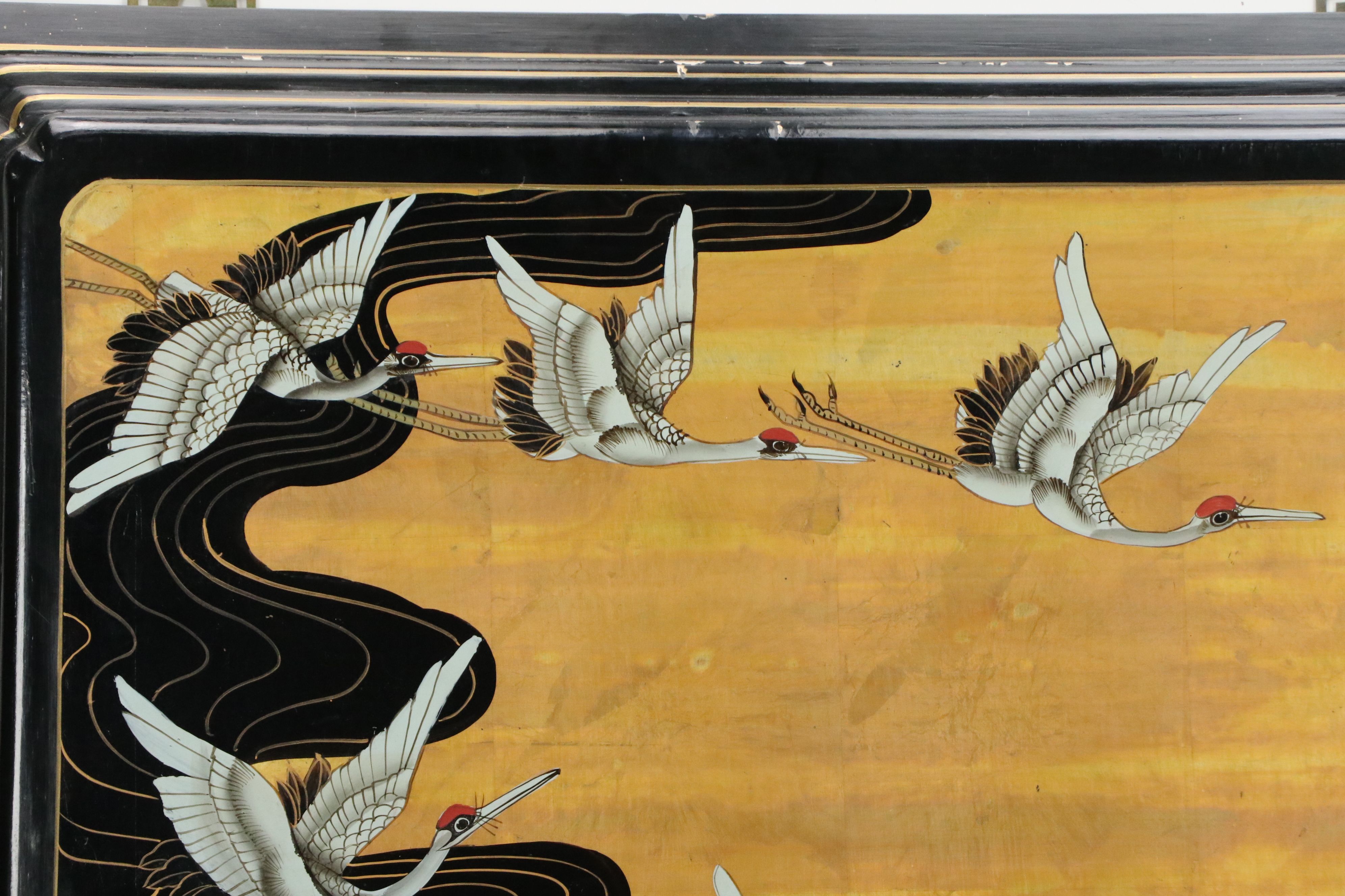 Japanese Lacquered Wood Panel with Hand-Painted Cranes Scene