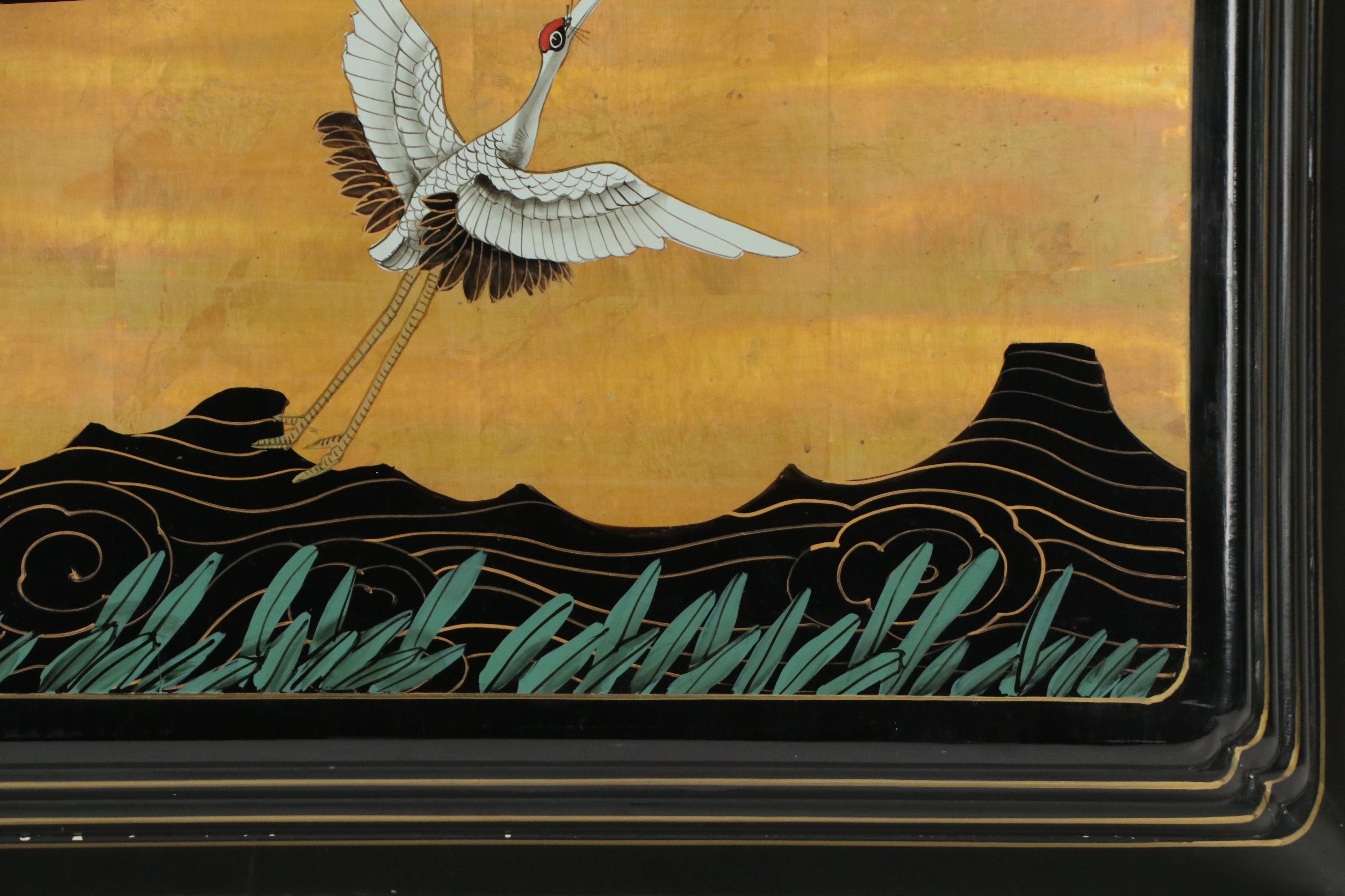 Japanese Lacquered Wood Panel with Hand-Painted Cranes Scene