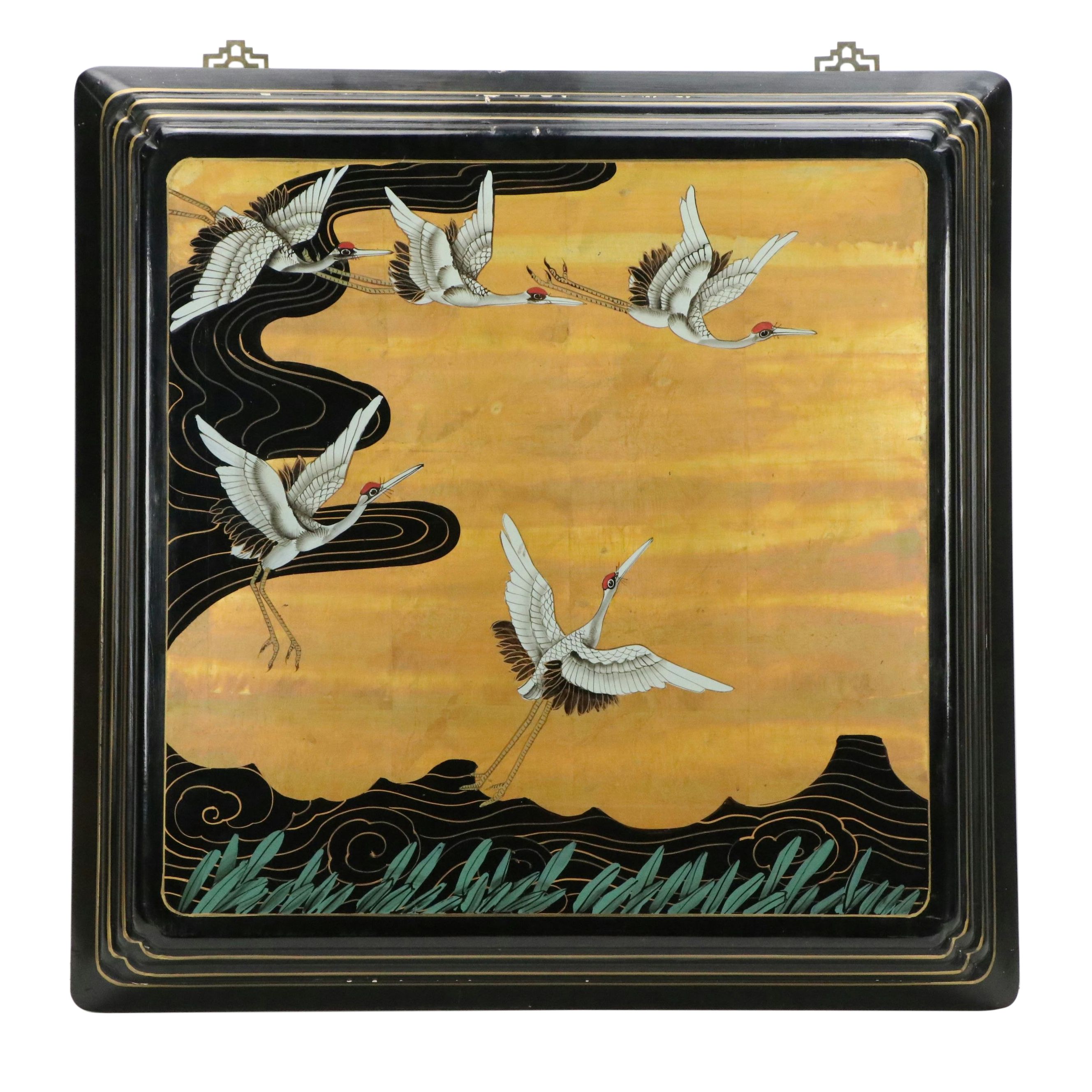 Japanese Lacquered Wood Panel with Hand-Painted Cranes Scene