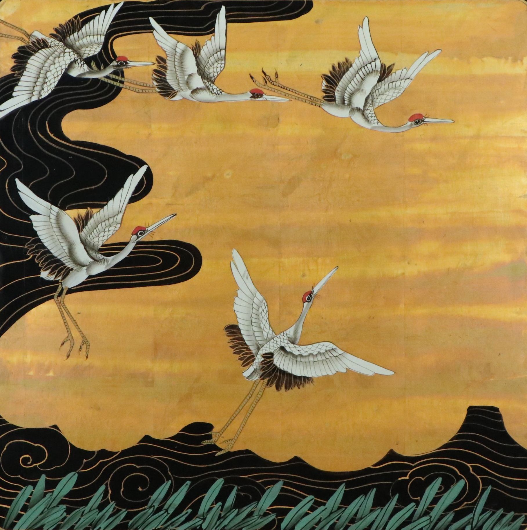 Japanese Lacquered Wood Panel with Hand-Painted Cranes Scene