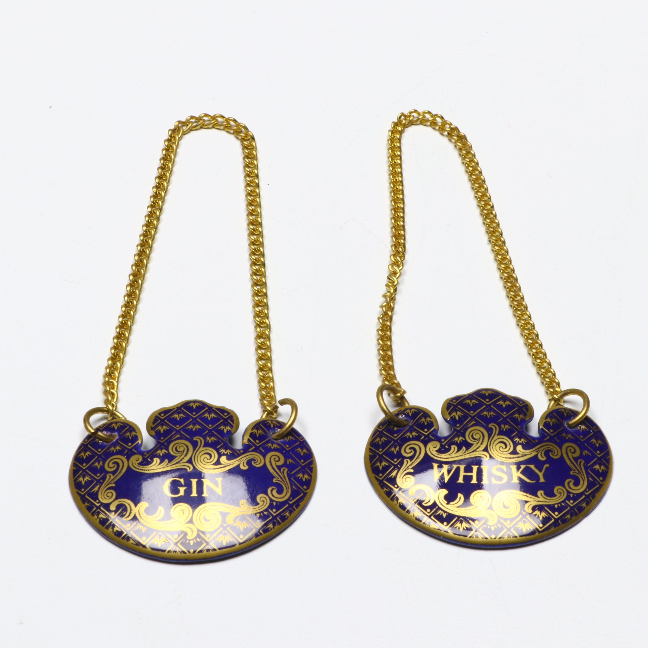 Halcyon Days Cobalt and Gilt Enamel Liquor Tags, Late 20th Century