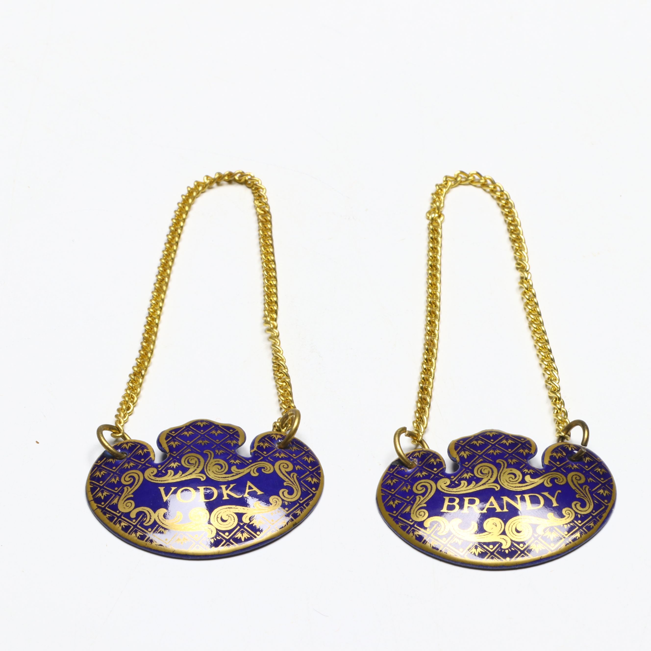Halcyon Days Cobalt and Gilt Enamel Liquor Tags, Late 20th Century