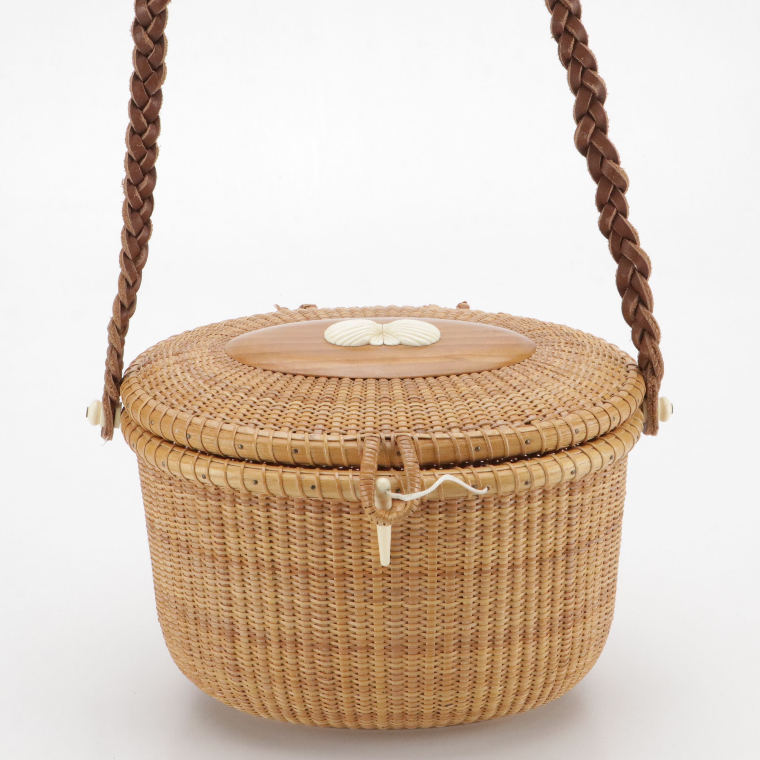 Nantucket Style Woven Basket Purse with Braided Leather Strap