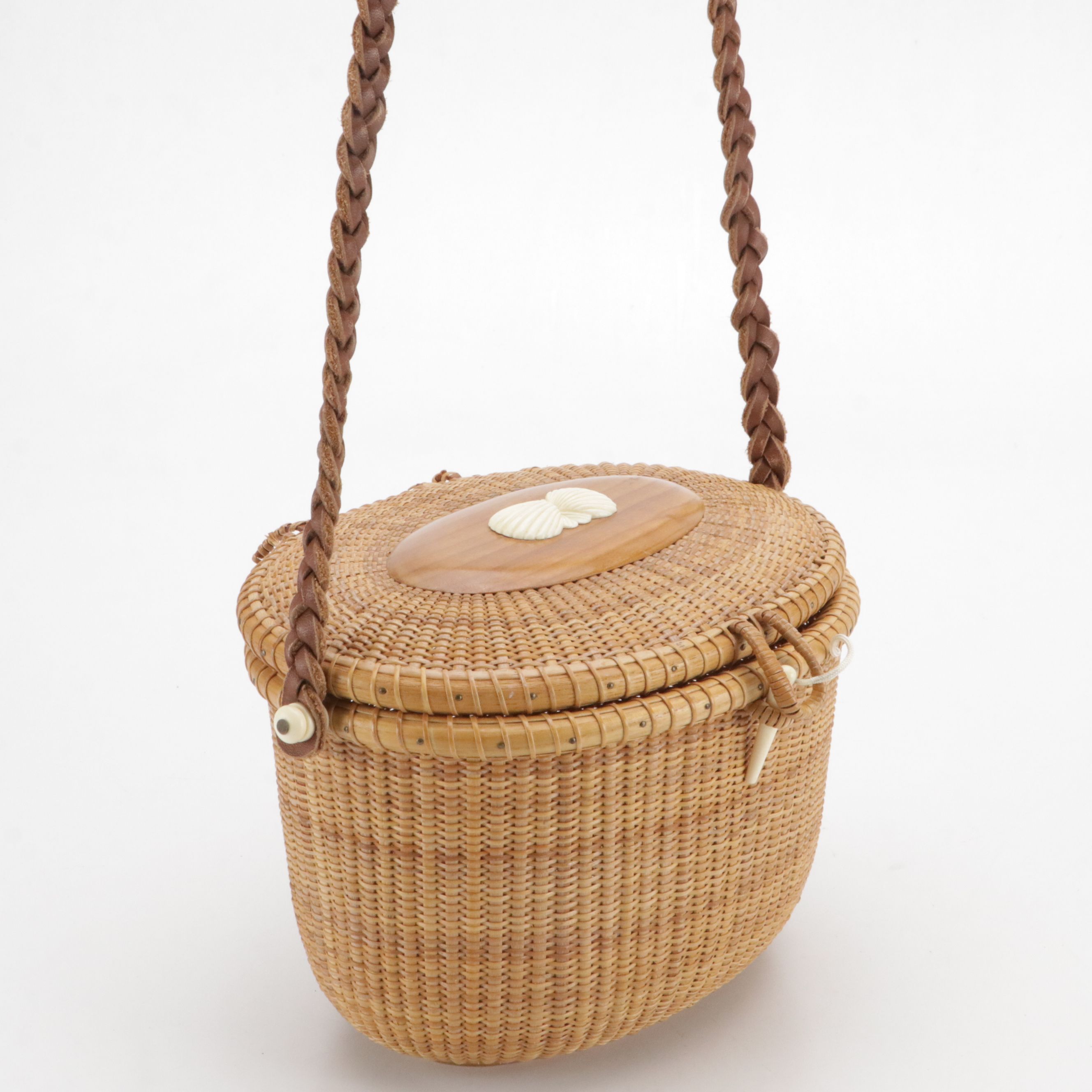 Nantucket Style Woven Basket Purse with Braided Leather Strap