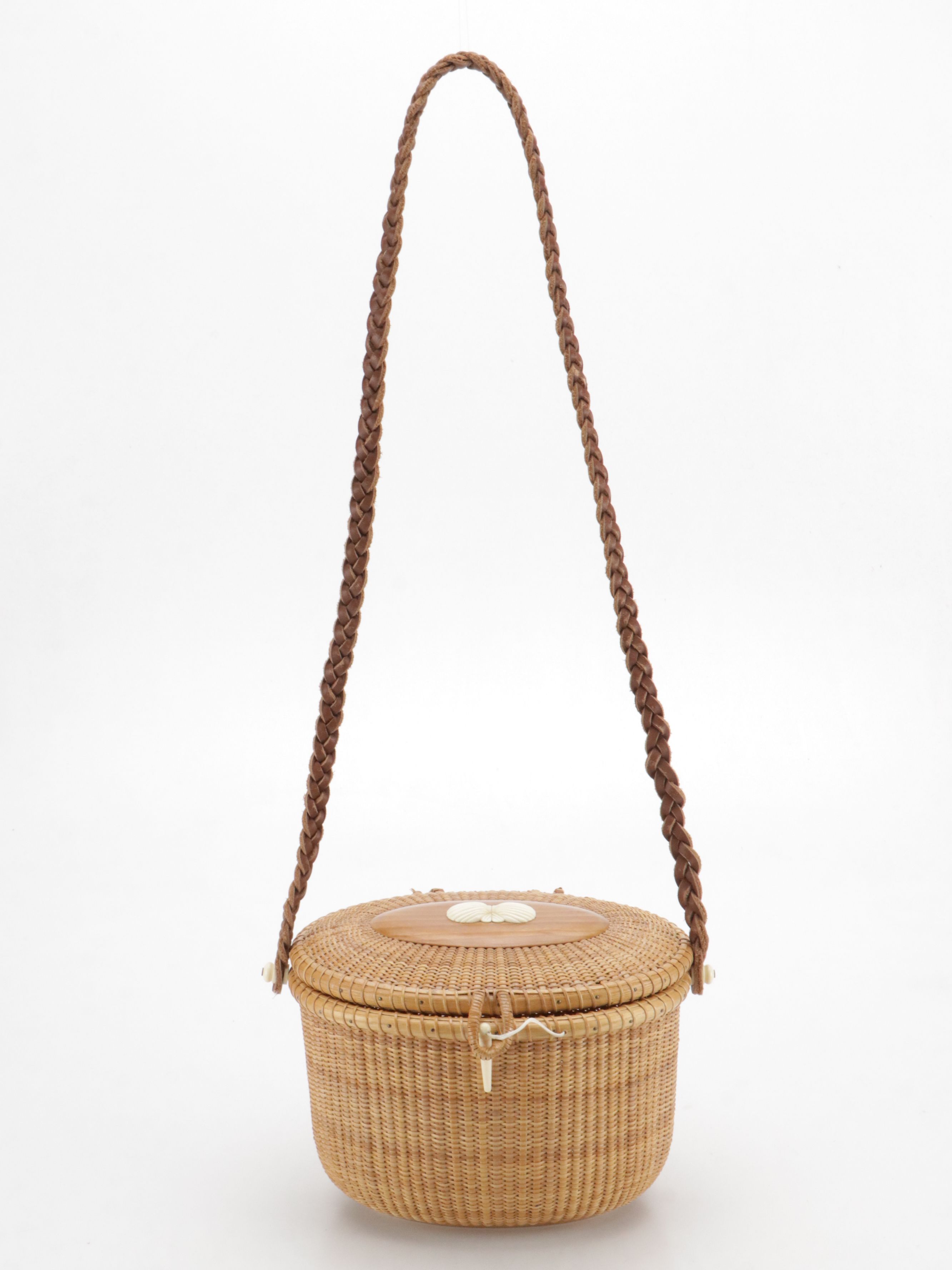 Nantucket Style Woven Basket Purse with Braided Leather Strap