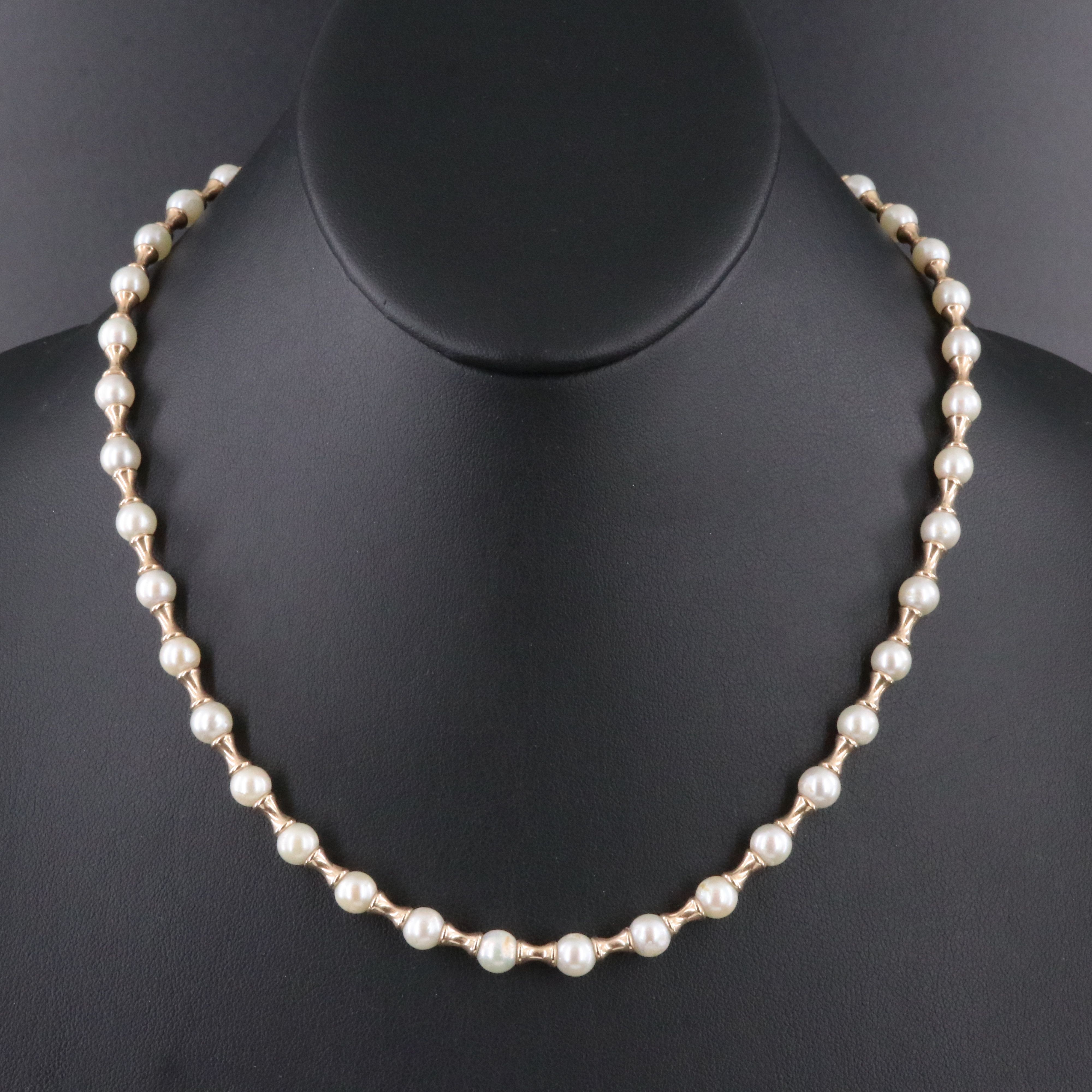 Pearl Necklace with Fluted 14K Beads and Clasp
