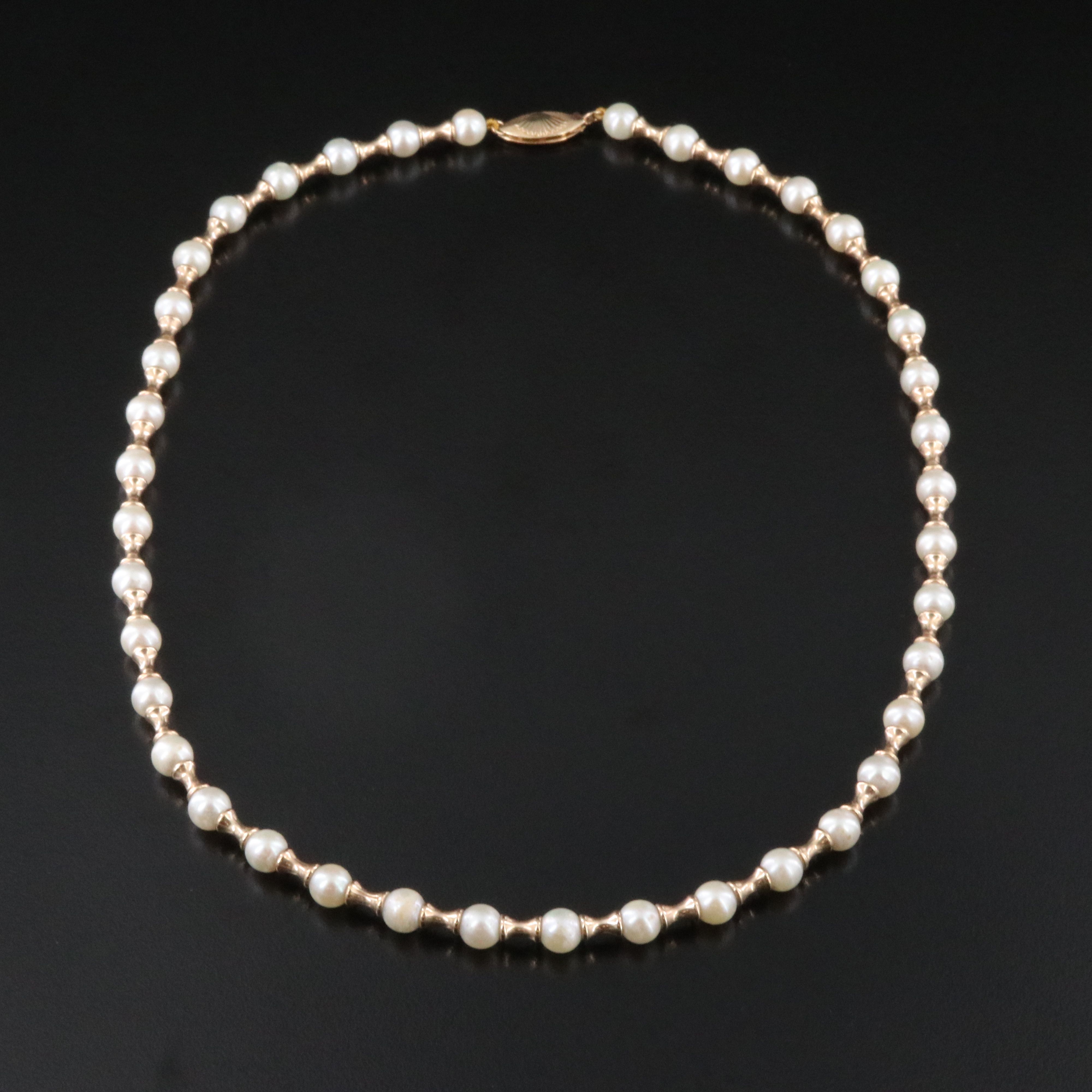 Pearl Necklace with Fluted 14K Beads and Clasp