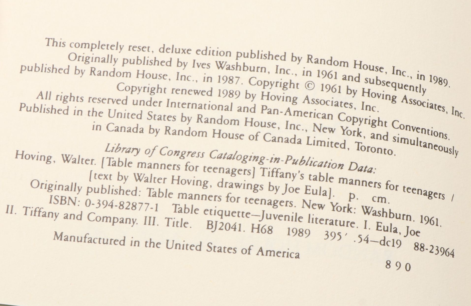 Illustrated "Tiffany's Table Manners for Teenagers" by Walter Hoving, 1989