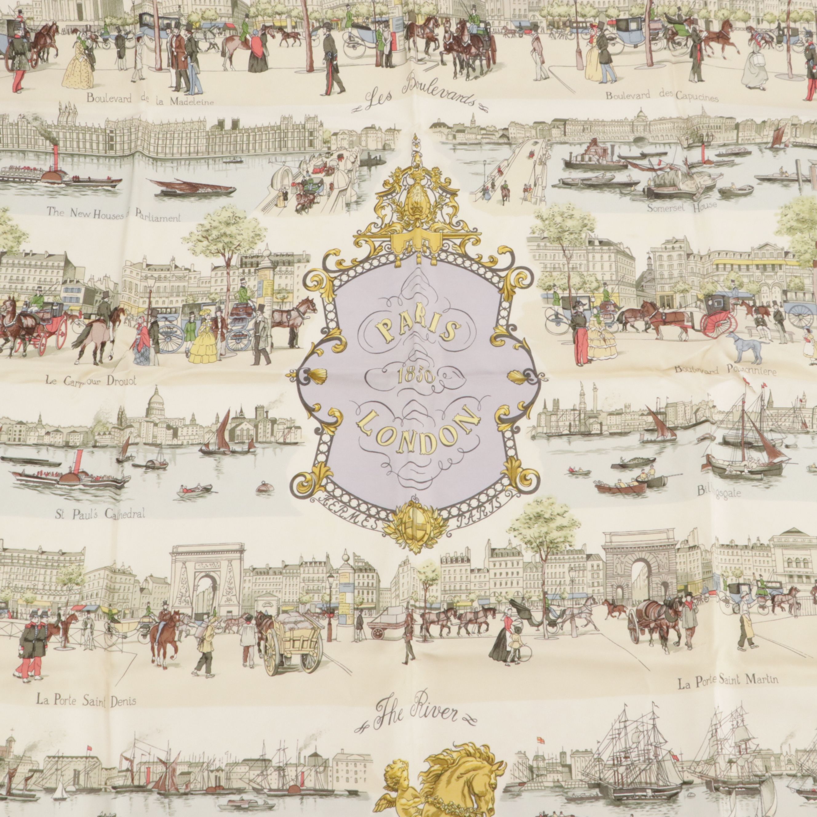 Hermès Vintage "Paris-London 1850" Silk Twill Scarf 90 in Box