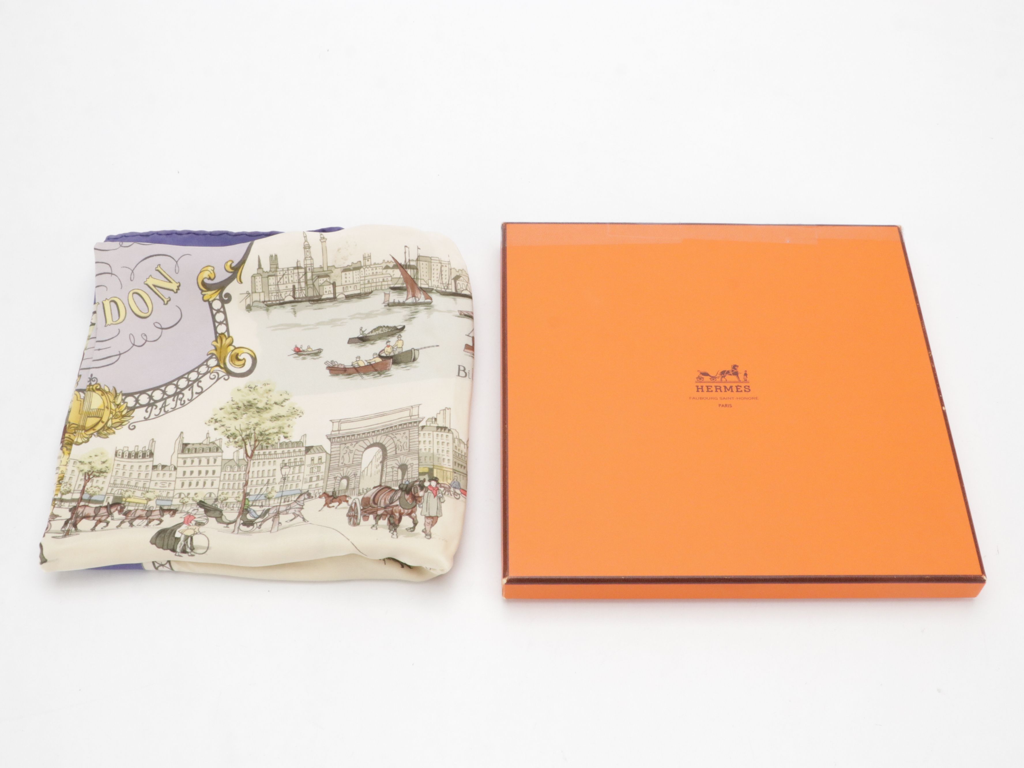 Hermès Vintage "Paris-London 1850" Silk Twill Scarf 90 in Box
