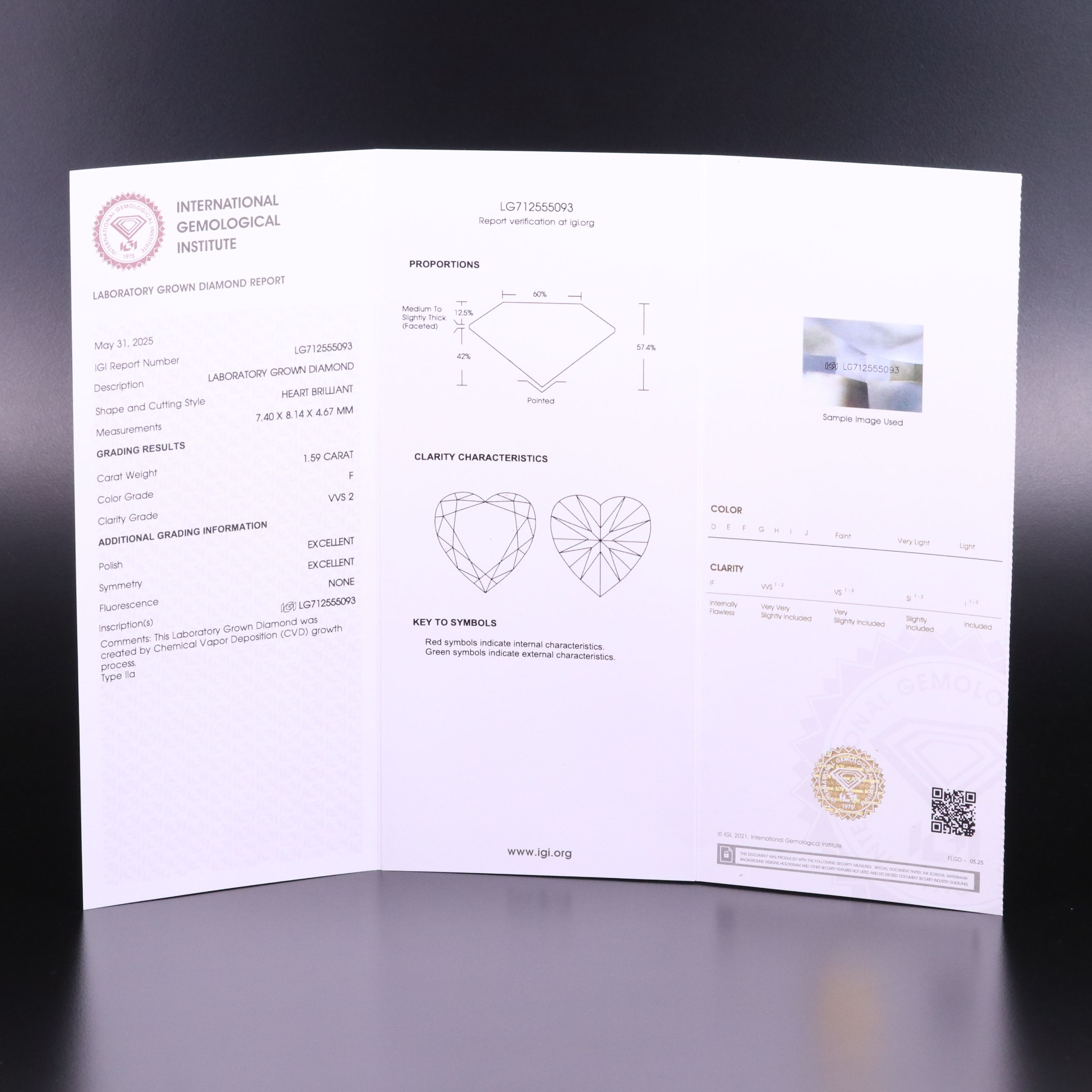 Loose 1.59 CT Lab Grown Diamond with IGI Report