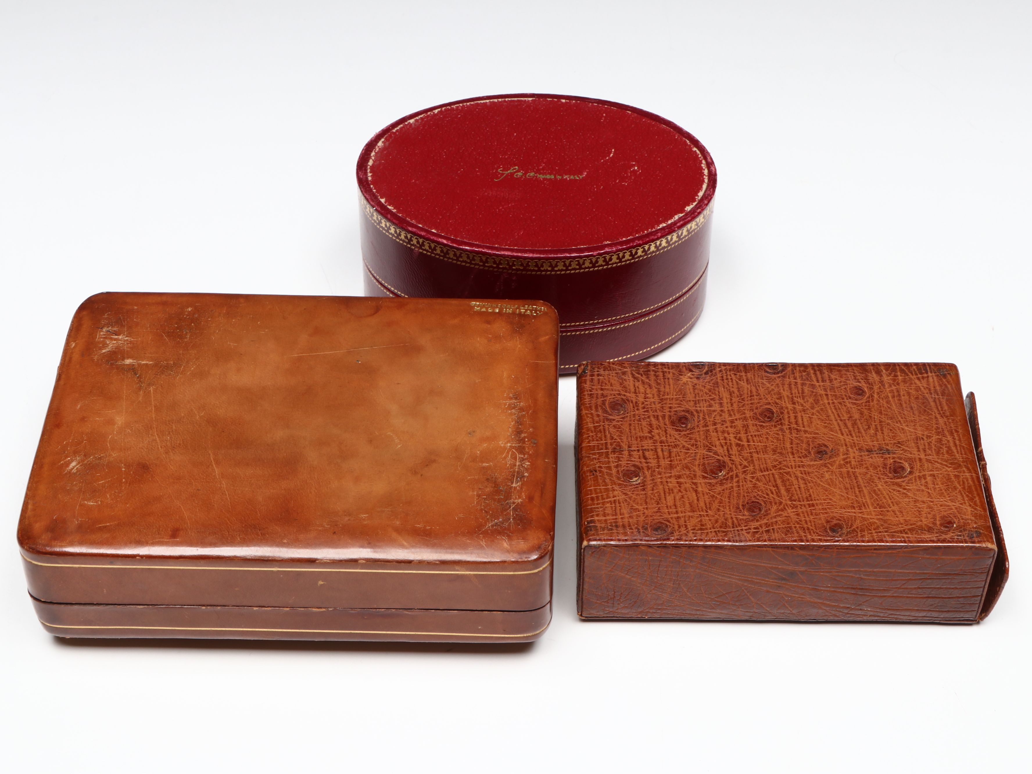 Vintage/Antique Italian Embossed Leather w/ Ostrich Boxes, Early to Mid-20th C.