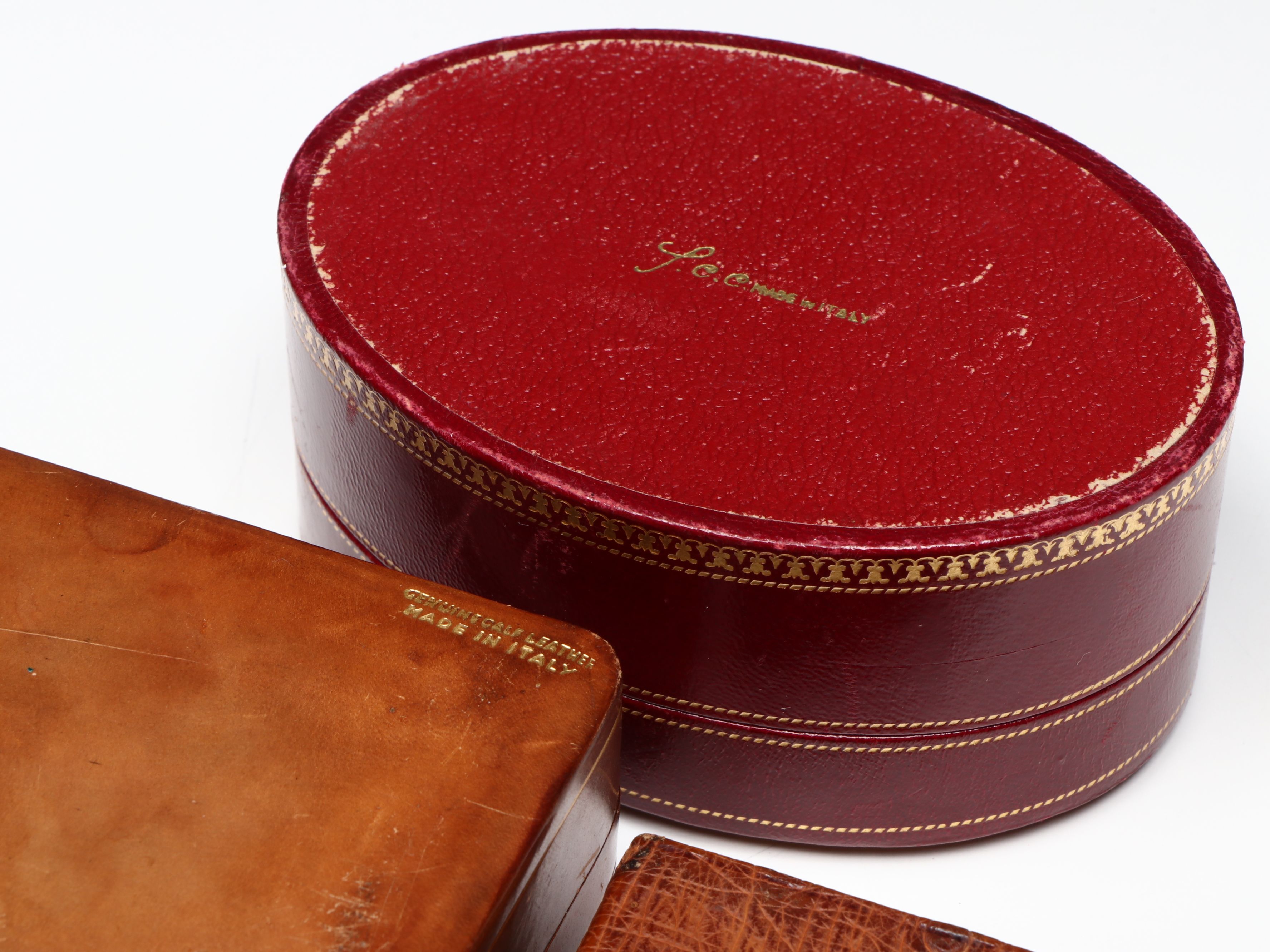 Vintage/Antique Italian Embossed Leather w/ Ostrich Boxes, Early to Mid-20th C.