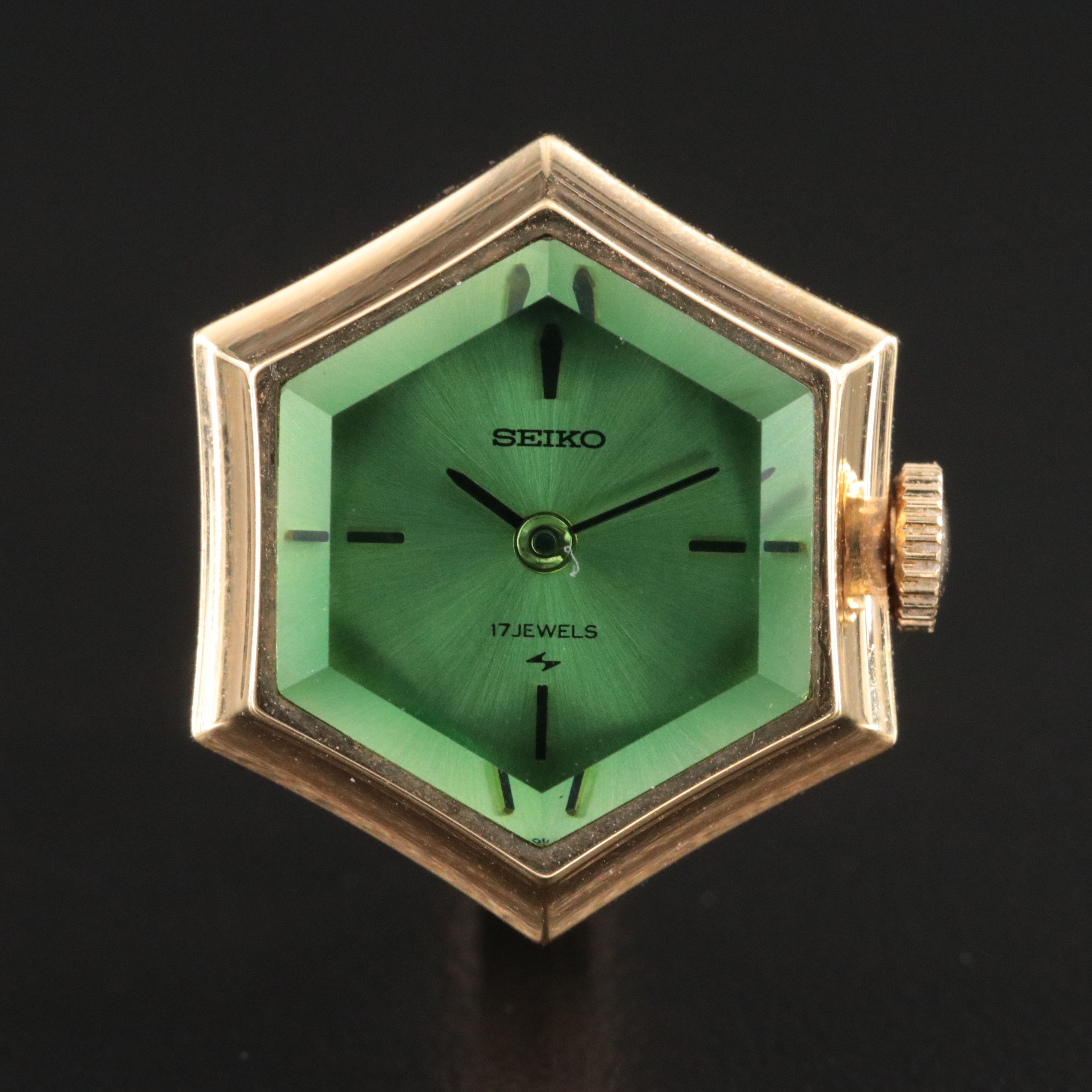 Seiko Green Glass Crystal Hexagonal Stem Wind Watch