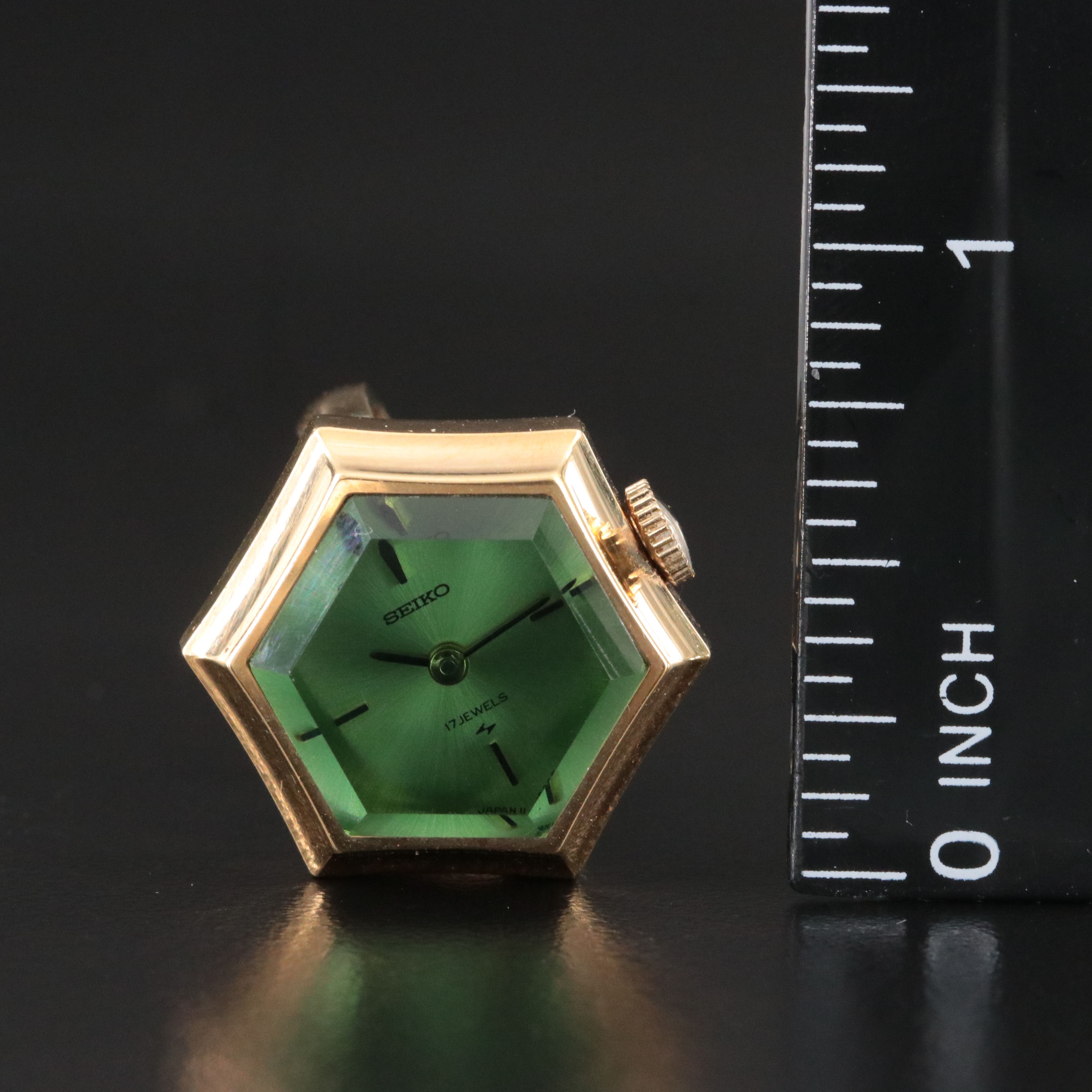 Seiko Green Glass Crystal Hexagonal Stem Wind Watch