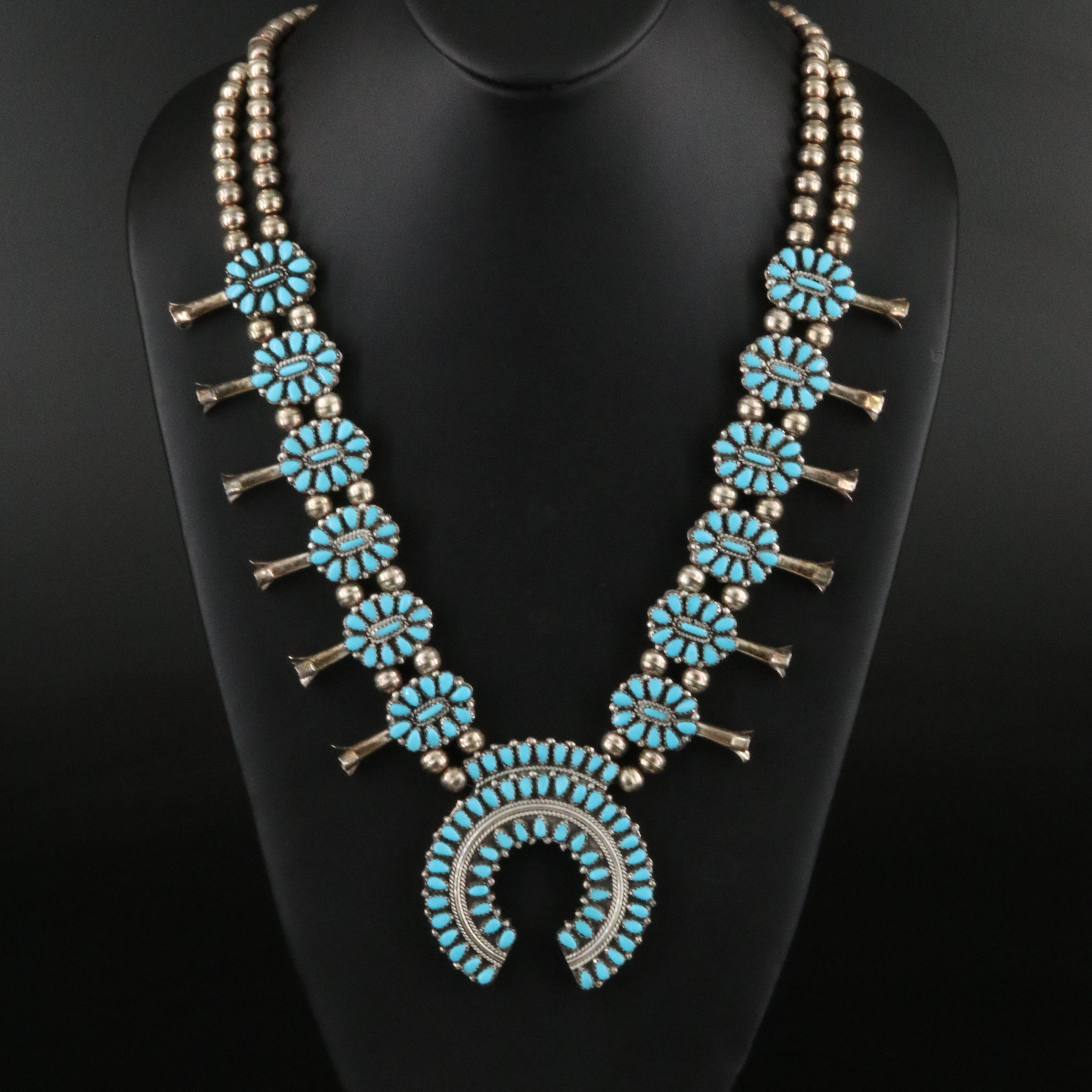 Reversible Sterling Turquoise and Coral Squash Blossom Necklace