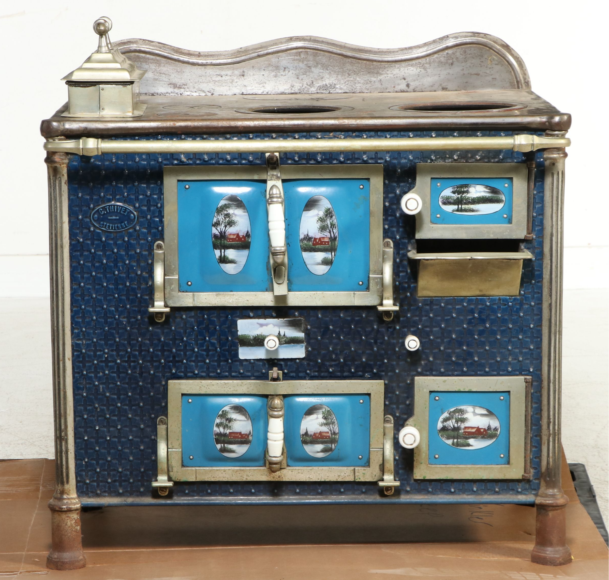 Ornate Enameled Cast Iron and Brass Cookstove, Late 19th Century