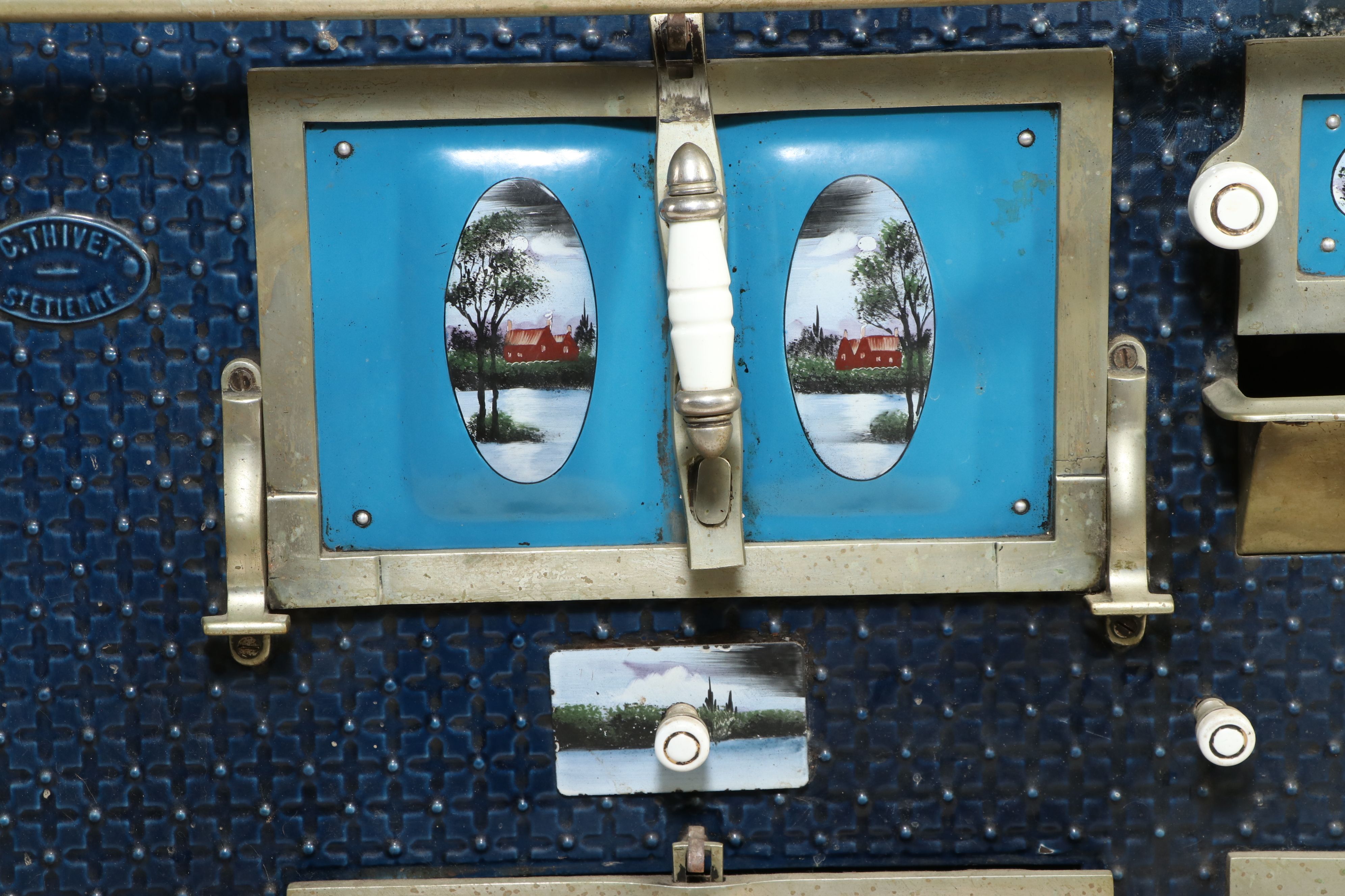 Ornate Enameled Cast Iron and Brass Cookstove, Late 19th Century