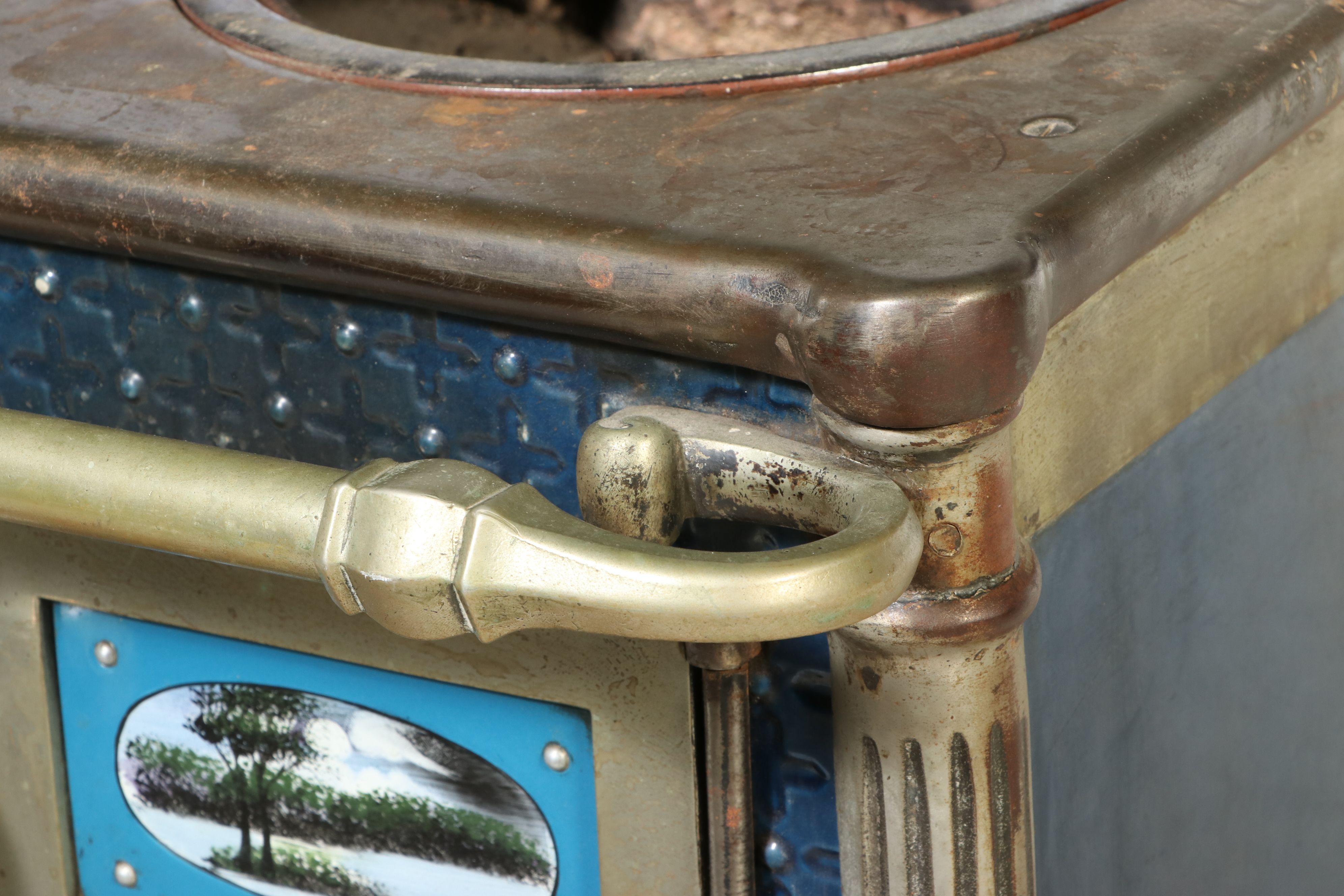 Ornate Enameled Cast Iron and Brass Cookstove, Late 19th Century