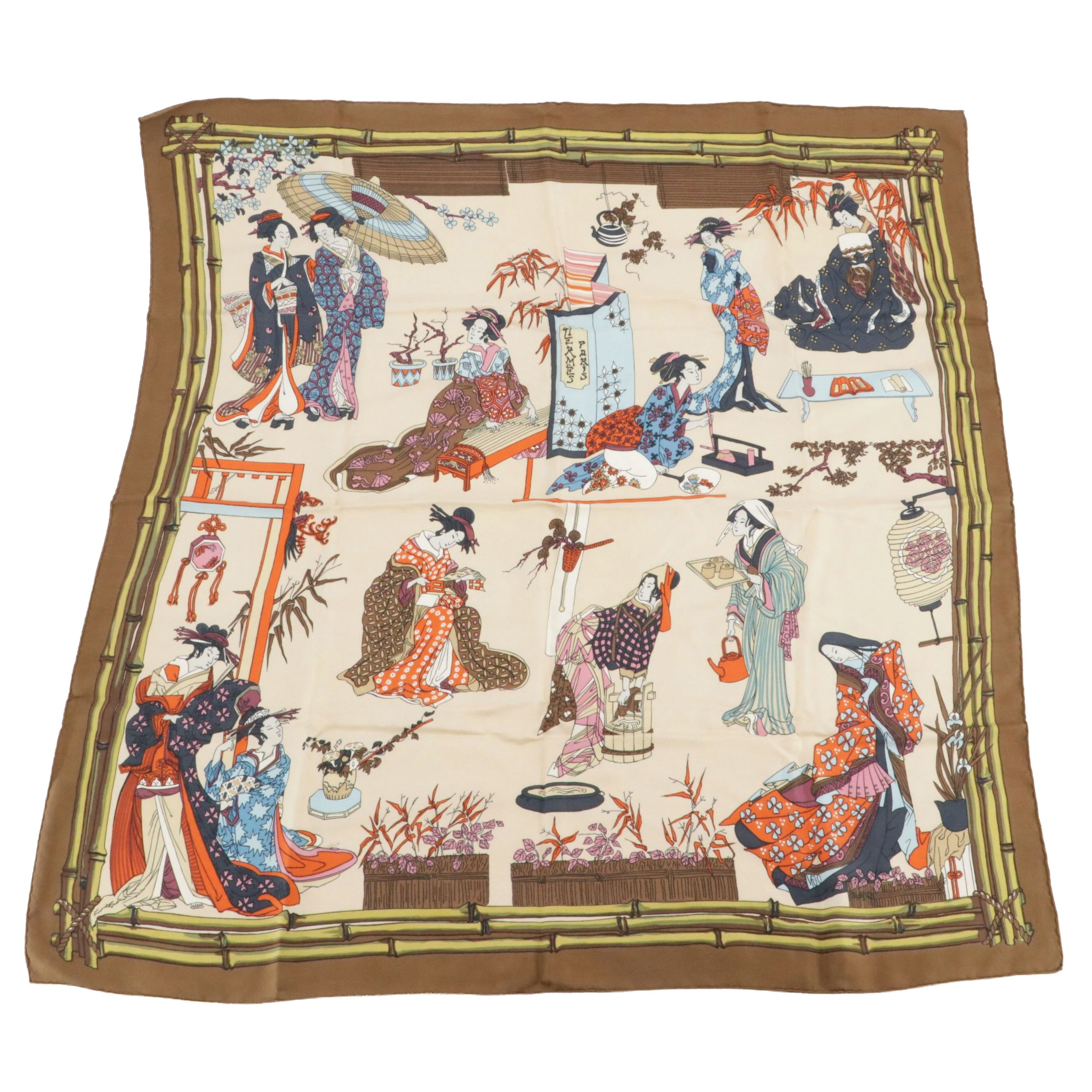 Hermès Early Issue "Geisha" Scarf 90 in Silk Twill with Box