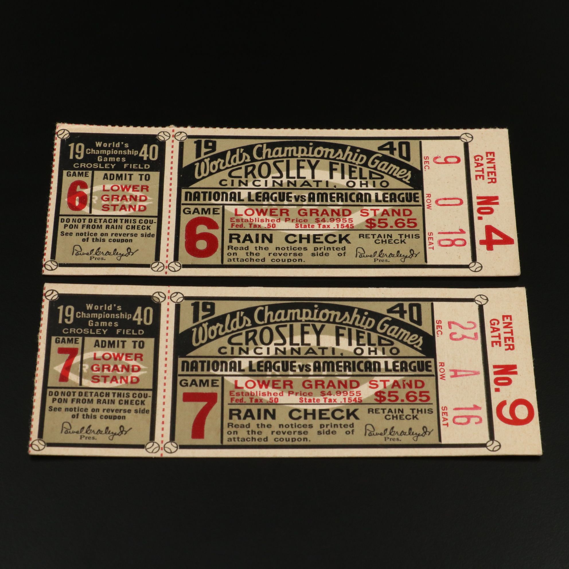 1940 World Series Ticket Stubs Featuring The Cincinnati Reds